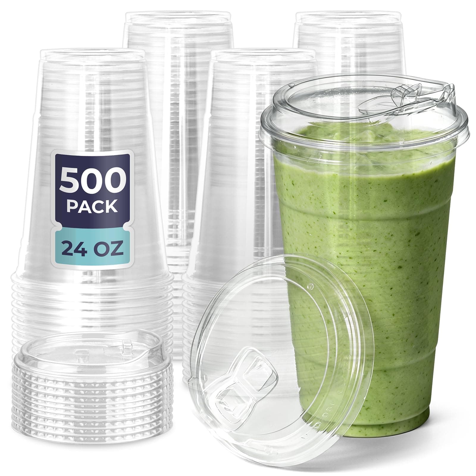 Fit Meal Prep 500 Pack 24 oz Clear Plastic Cups with Strawless Sip Lids, Disposable, To Go for Iced Coffee, Smoothies, Party Drinks, Soda, Bubble Tea, Cold Beverage
