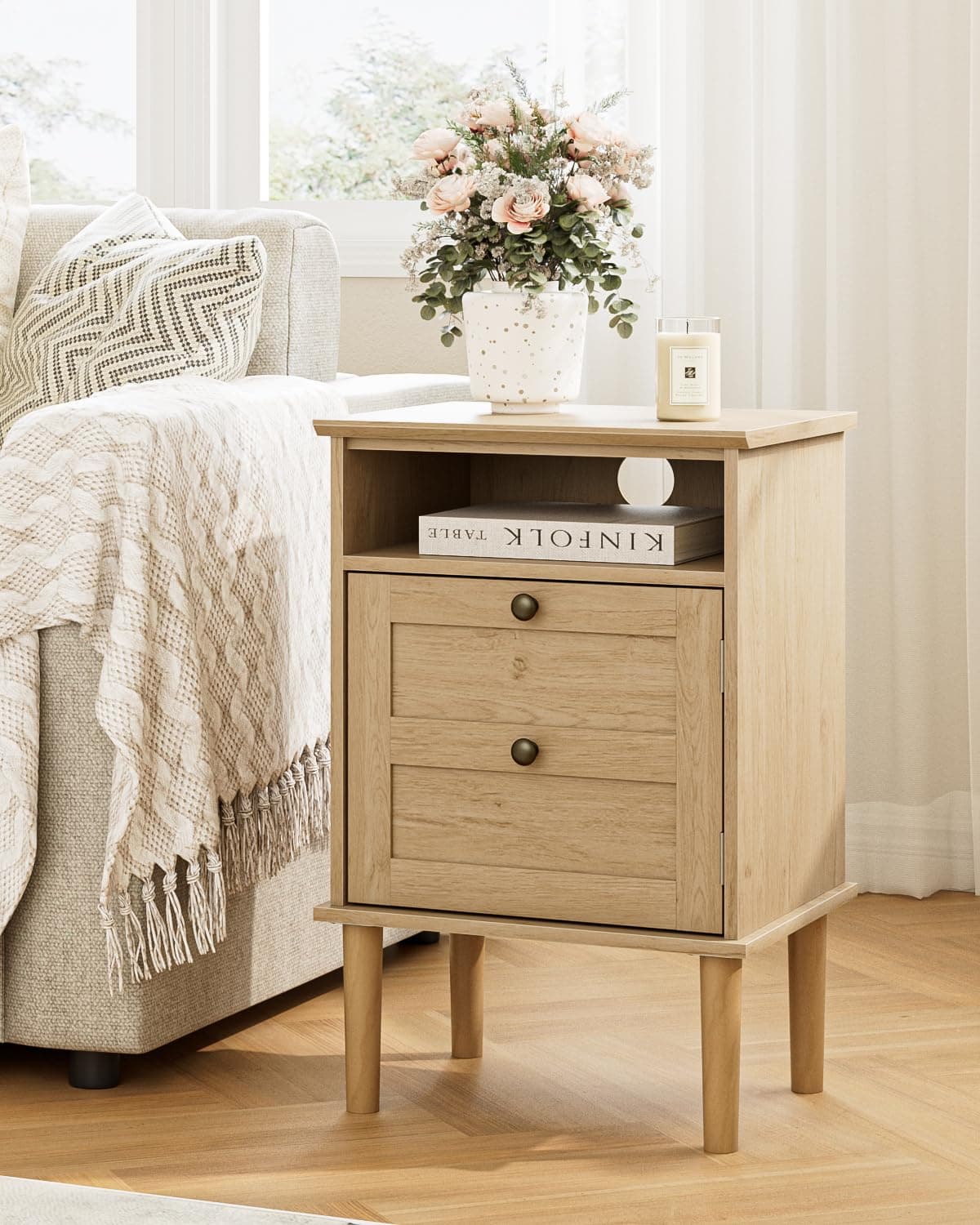 Apetaccat Nightstand, Farmhouse Night Stand, Mid Century Modern Side Accent Table with Open Shelf, Wooden Top Bedside End Table for Bedroom, Living Room, Natural