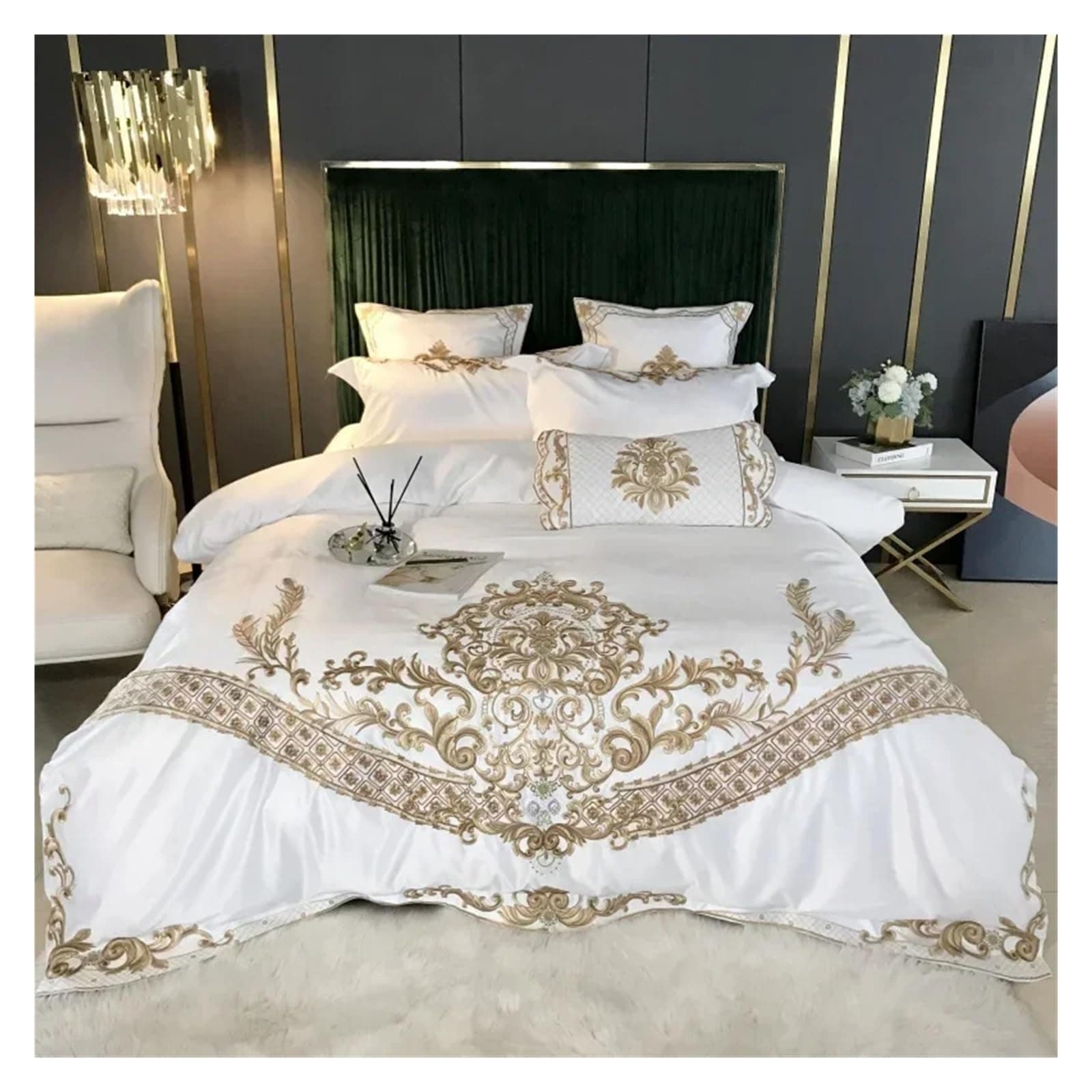 ADovz Luxury White Satin Cotton Royal Gold Embroidery 4Pcs Bedding Set Soft Smooth Duvet Cover Set Bed Sheet Pillowcases,Bed Sheets