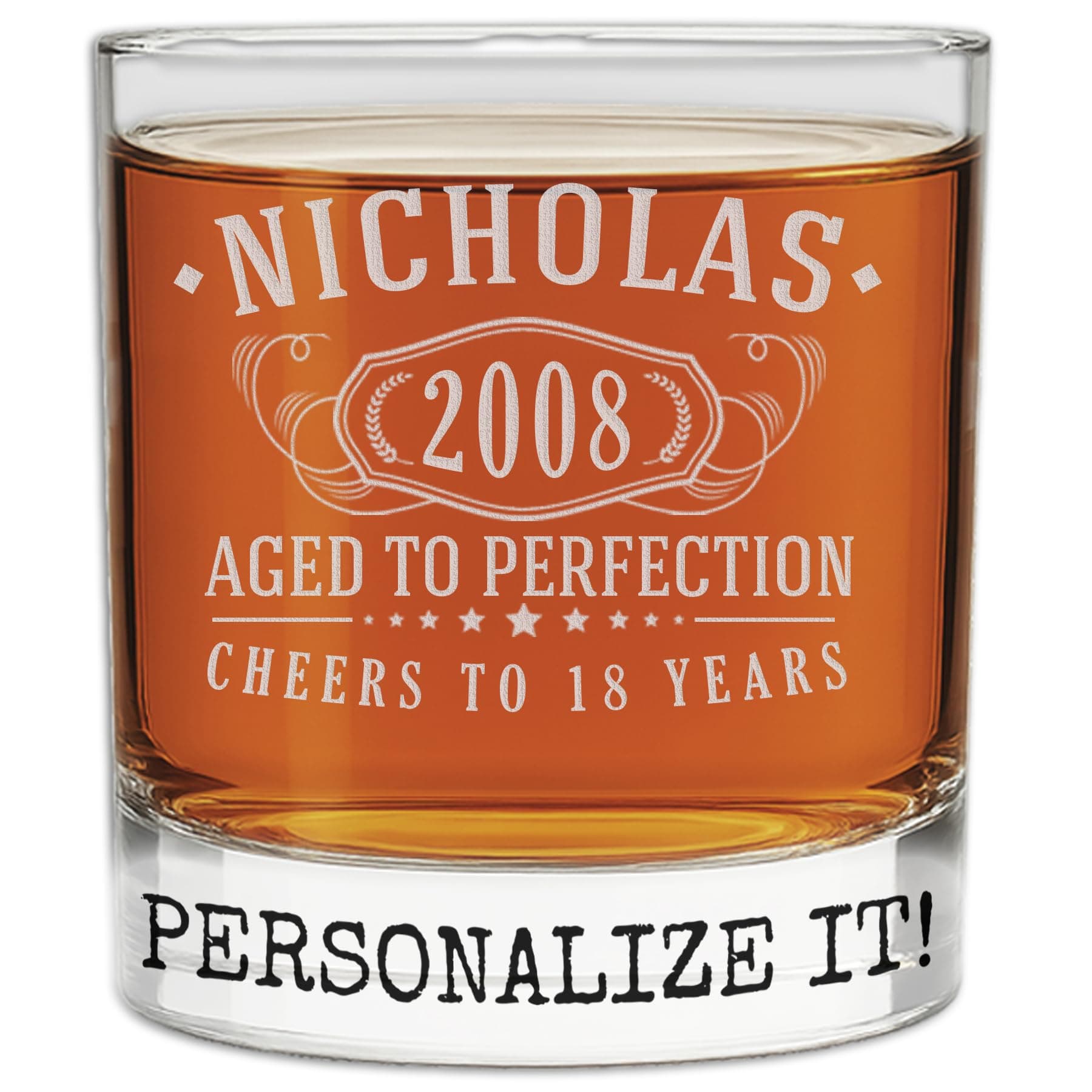 Personalized Vintage 18th Birthday Etched Whiskey Glass - Custom 2008 18th Birthday Gifts for Him Men – Cheers to 18 Years Old – Best 18th Party Decorations Favors - Scotch Bourbon Him Women Brother