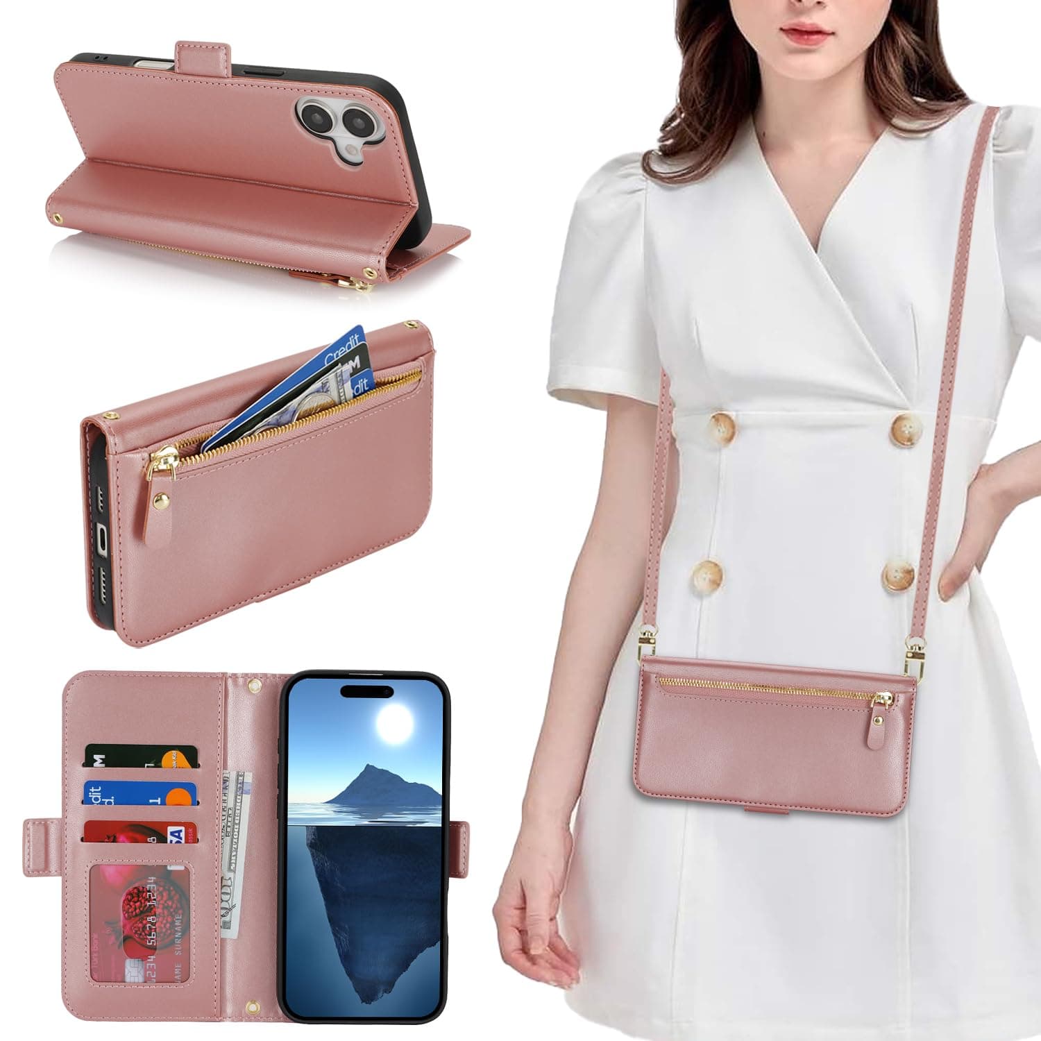 Cavor for iPhone 16 Wallet Case with Card Holder for Women, Rose Gold