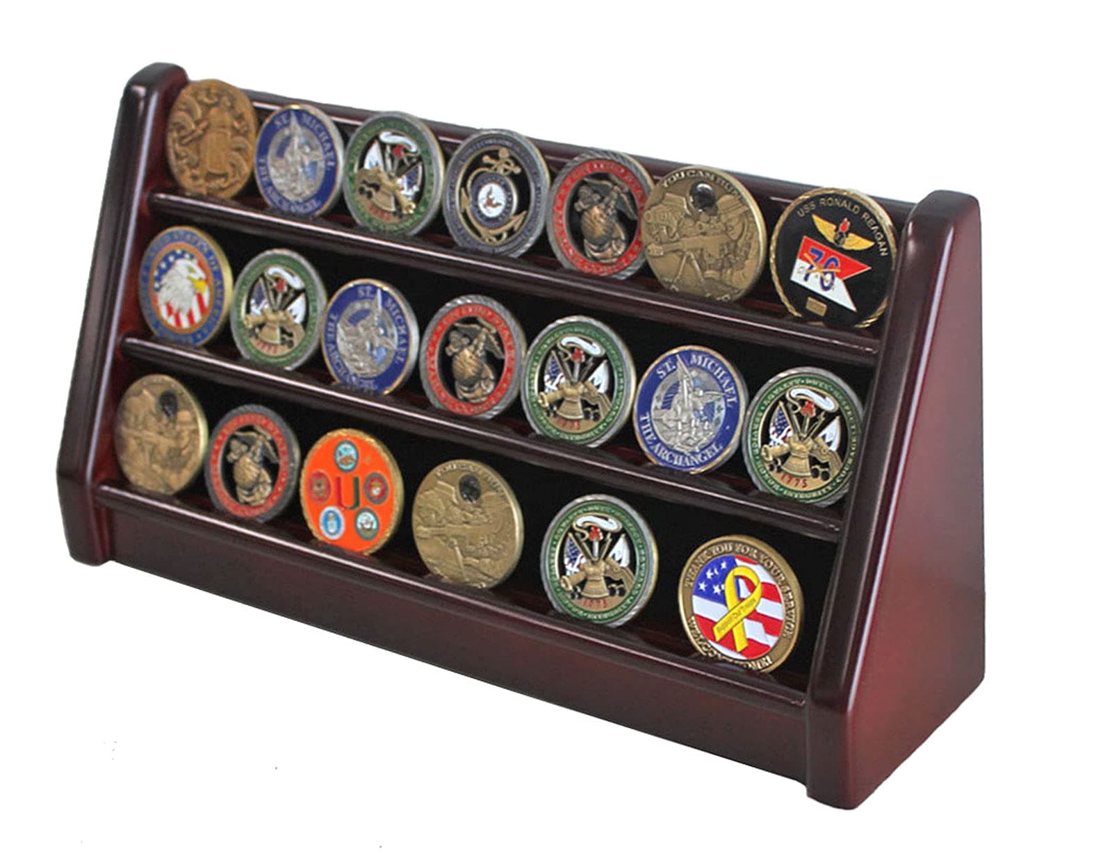 DisplayGifts Challenge Coin Display Stand 3 Row Wooden Holder Rack Case Holds 18 Coins Mahogany Finish