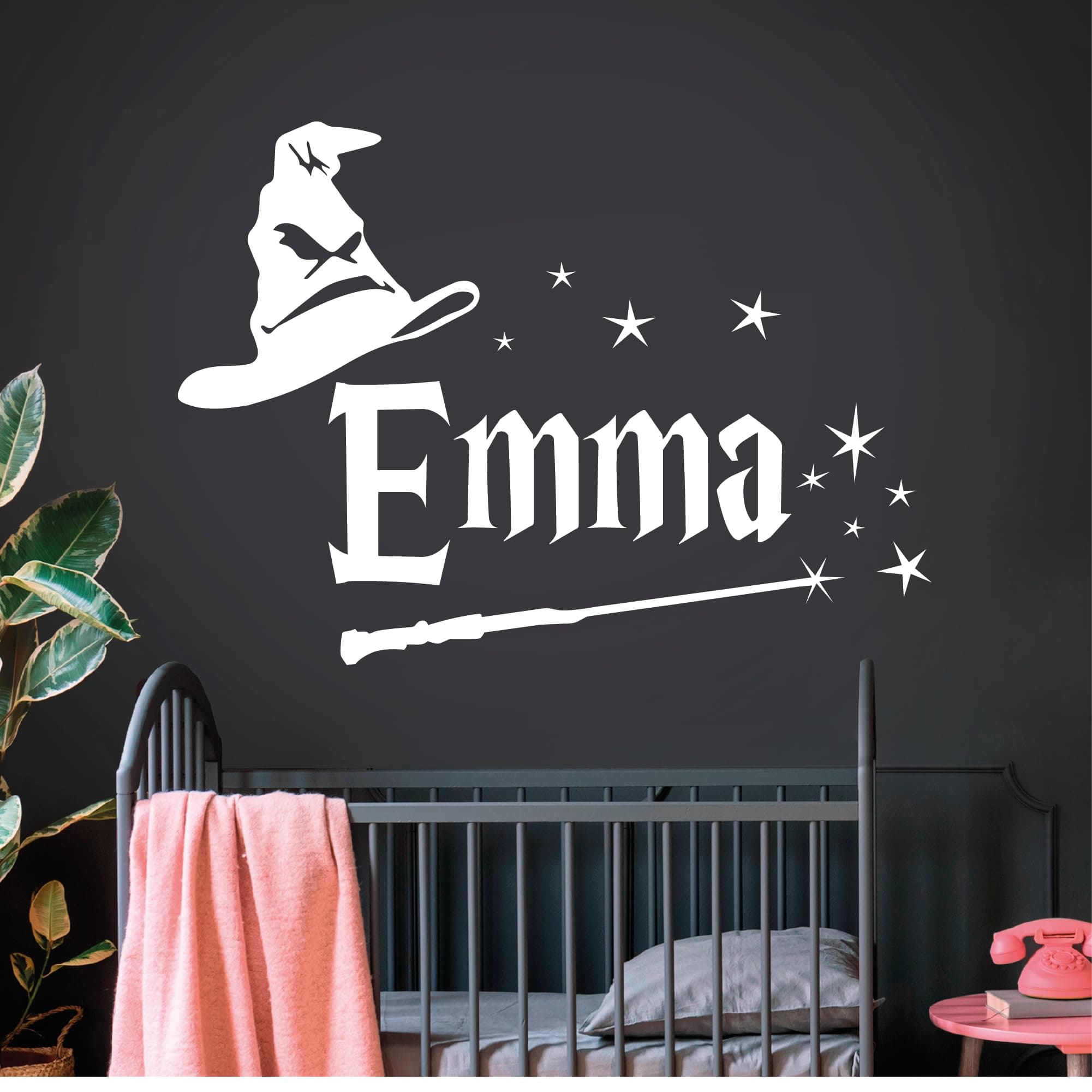 STICKER SWAG Personalized Magic Wand Wall Decal –Removable and Damage-Free Magic Wand Wall Sticker - Custom Name Vinyl Castle Wall Decal (Hat & Want)