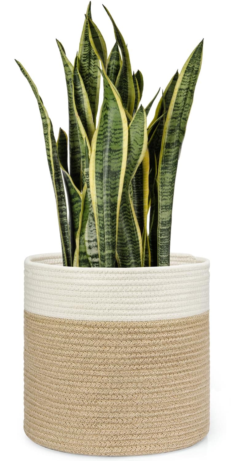 Dahey Plant Basket Indoor for 12 inch Pot Woven Jute Planter, White & Beige