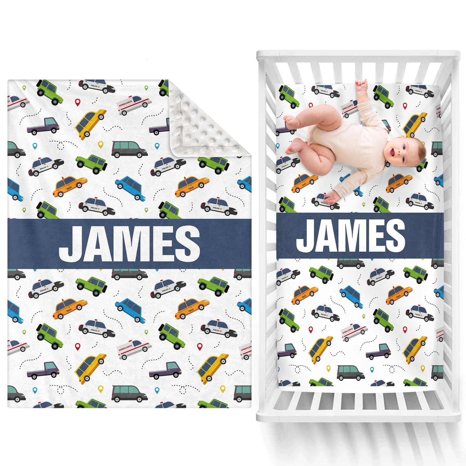 Custom Name Double Layer Baby Blanket - Toddler Bedding Throw Blanket with Personalized White Car Print - Multipurpose Holiday Birthday Gifts for Boys Girls (30"x40")