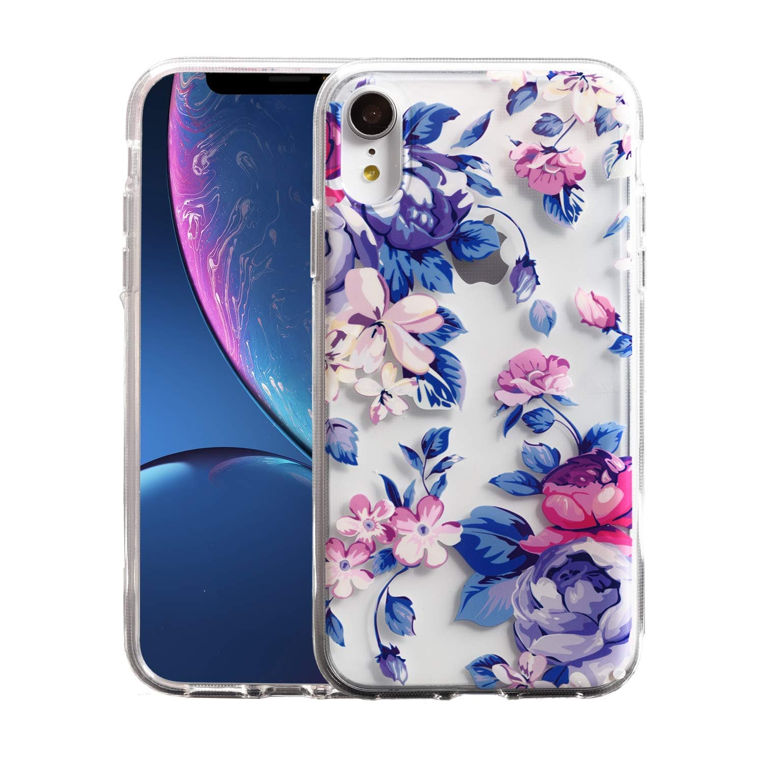 Sephonie Flower Case for iPhone XR (6.1"), Floral Pattern Clear Slim Fit Ultra-Thin Girly Design, Shockproof Protective Hard PC Back with Soft TPU Bumper Phone Cover for Girls and Women | Blue-Pink