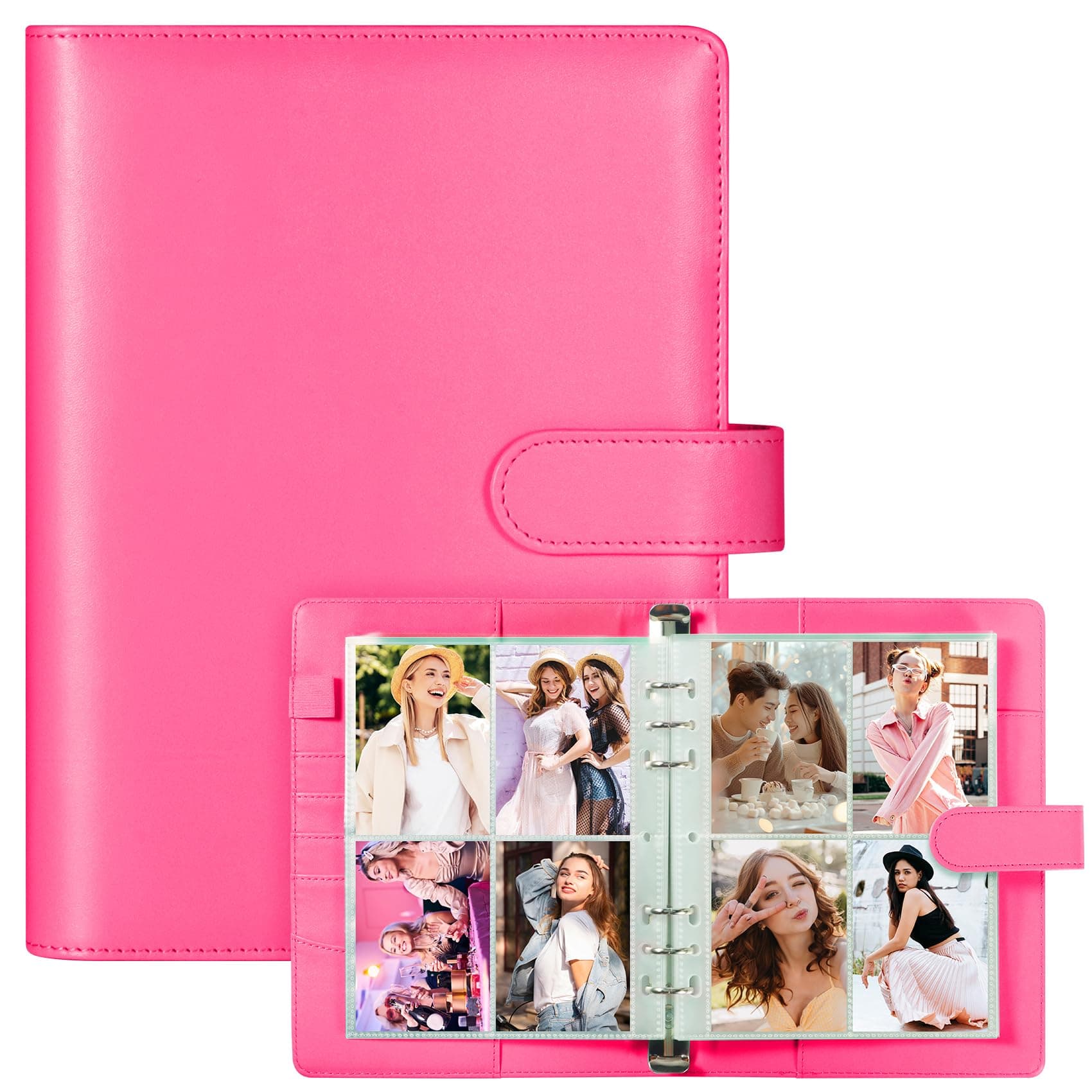 A5 Kpop Photocard Binder, PU Leather 6-Ring Album with Magnetic Closure, Includes 30 Pack 4-Pocket Pages for 240 Cards, Card Holder for Trading and Collectible Cards (Rose)