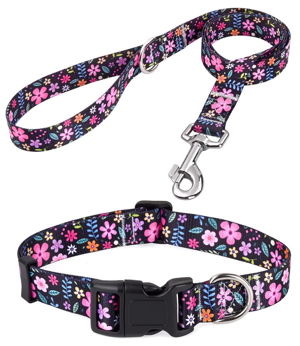 Mihqy Dog Collar and Leash Set, for Small Dogs, Floral Set,S