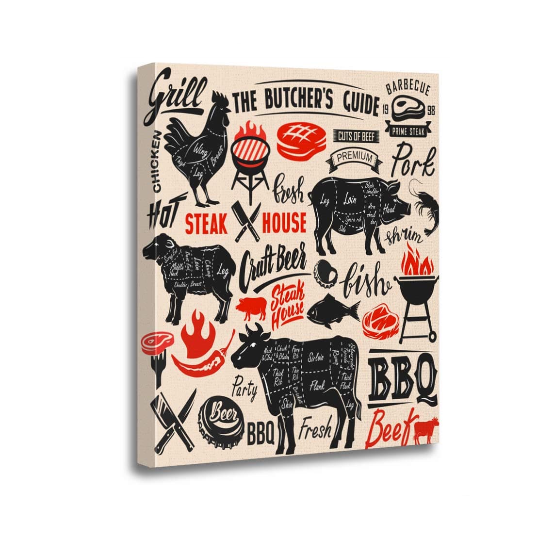 Ansouyi 16x20 Inches Canvas Wall Art Painting Beef Meat Steak House Scheme Lettering Cut Pig BBQ Home Decorative Artwork Prints