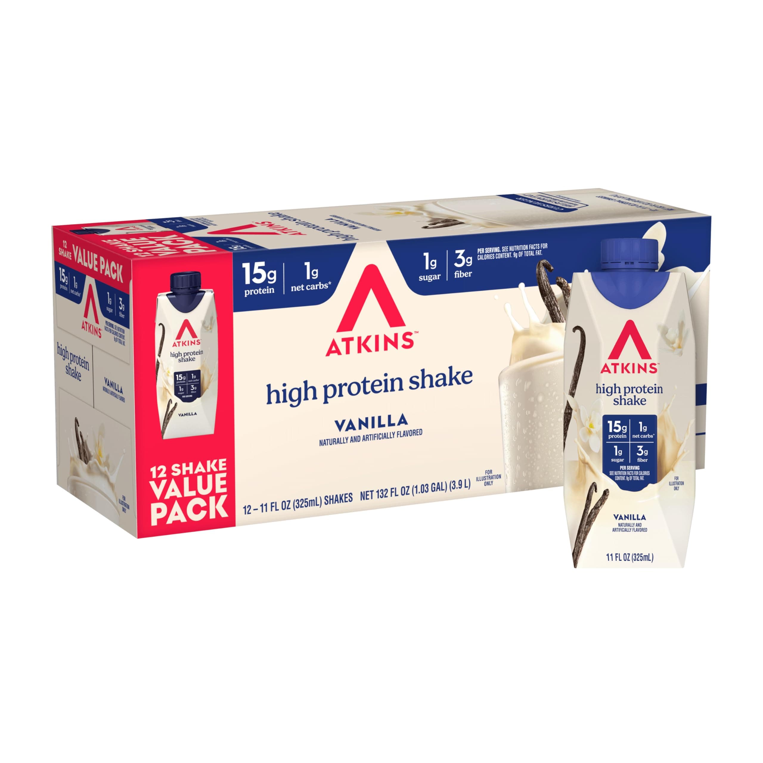 Atkins Vanilla High Protein Shake, 15g Protein, 12 Count