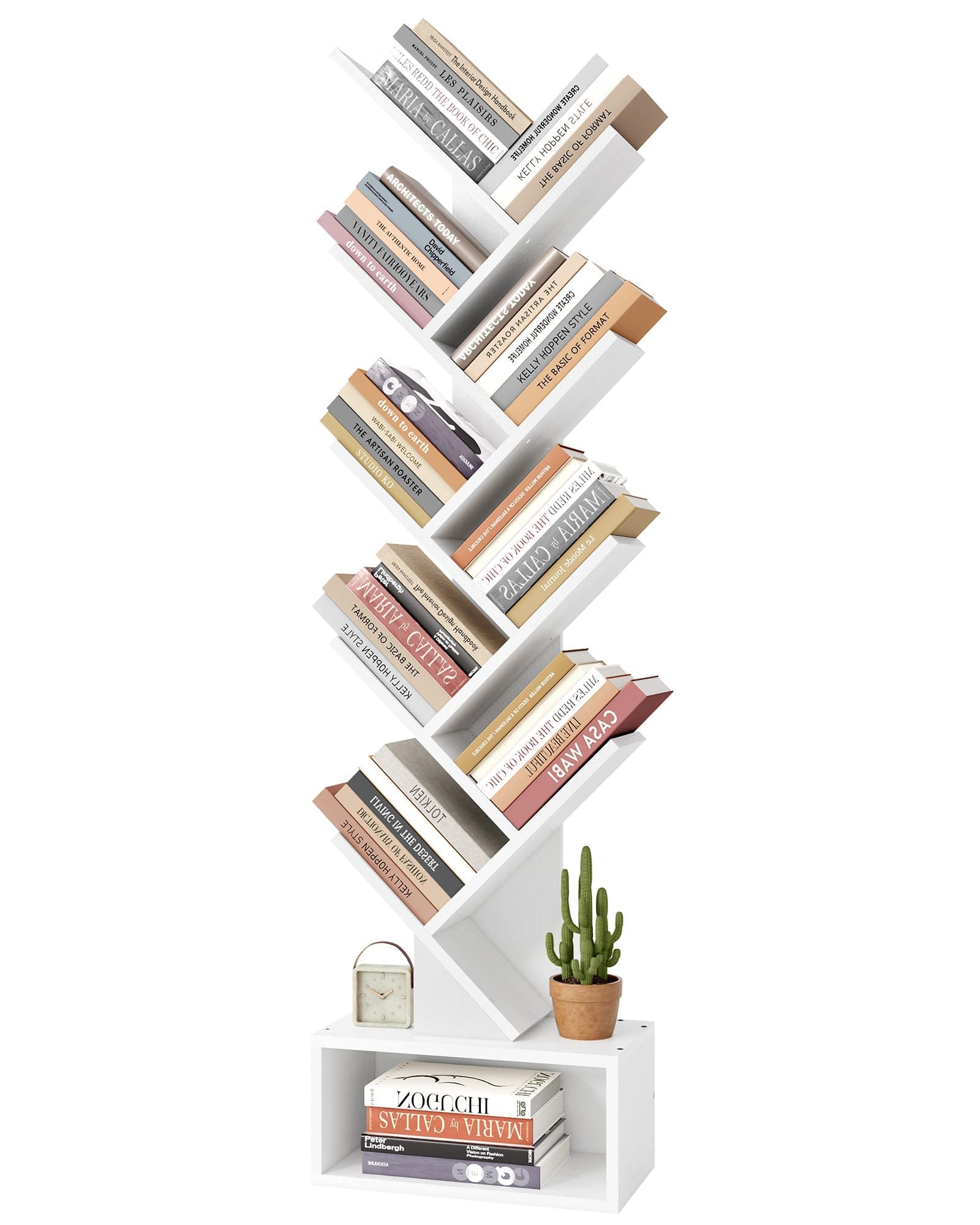 Hoctieon 9 Tier Tree Bookshelf, Tall Bookcase with Drawer, Wood Book Shelf, Modern Floor Standing Bookshelves, Book Organizer Shelves for Bedroom, Living Room, Home Office, White