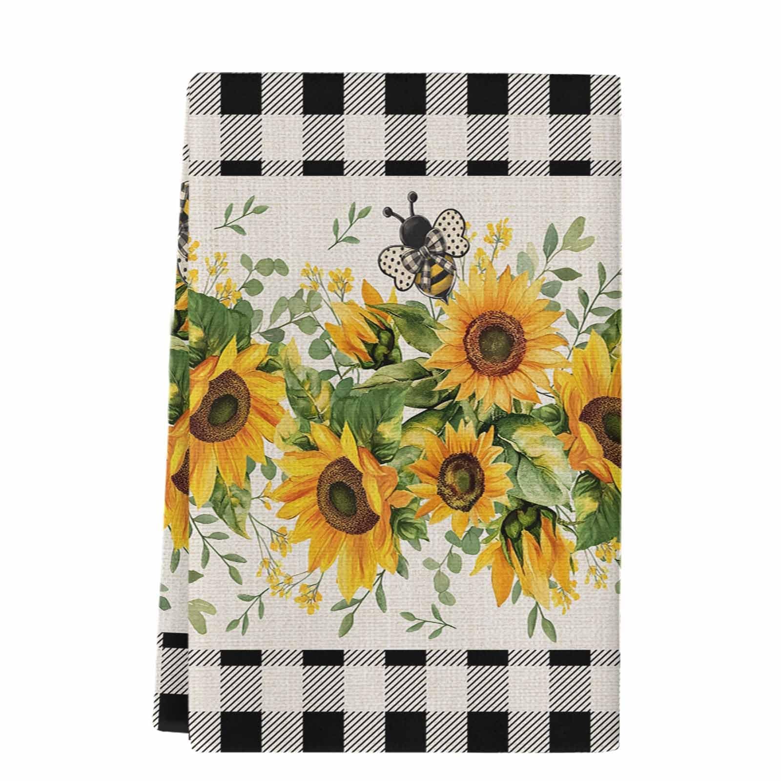 Pengeelia Farmhouse Sunflower Bee Kitchen Towels for Home Decor Microfiber Absorbent Dish Towels, Buffalo Plaid Soft Hand Towel for Bathroom Resuable Tea Towel Washable Fast Drying