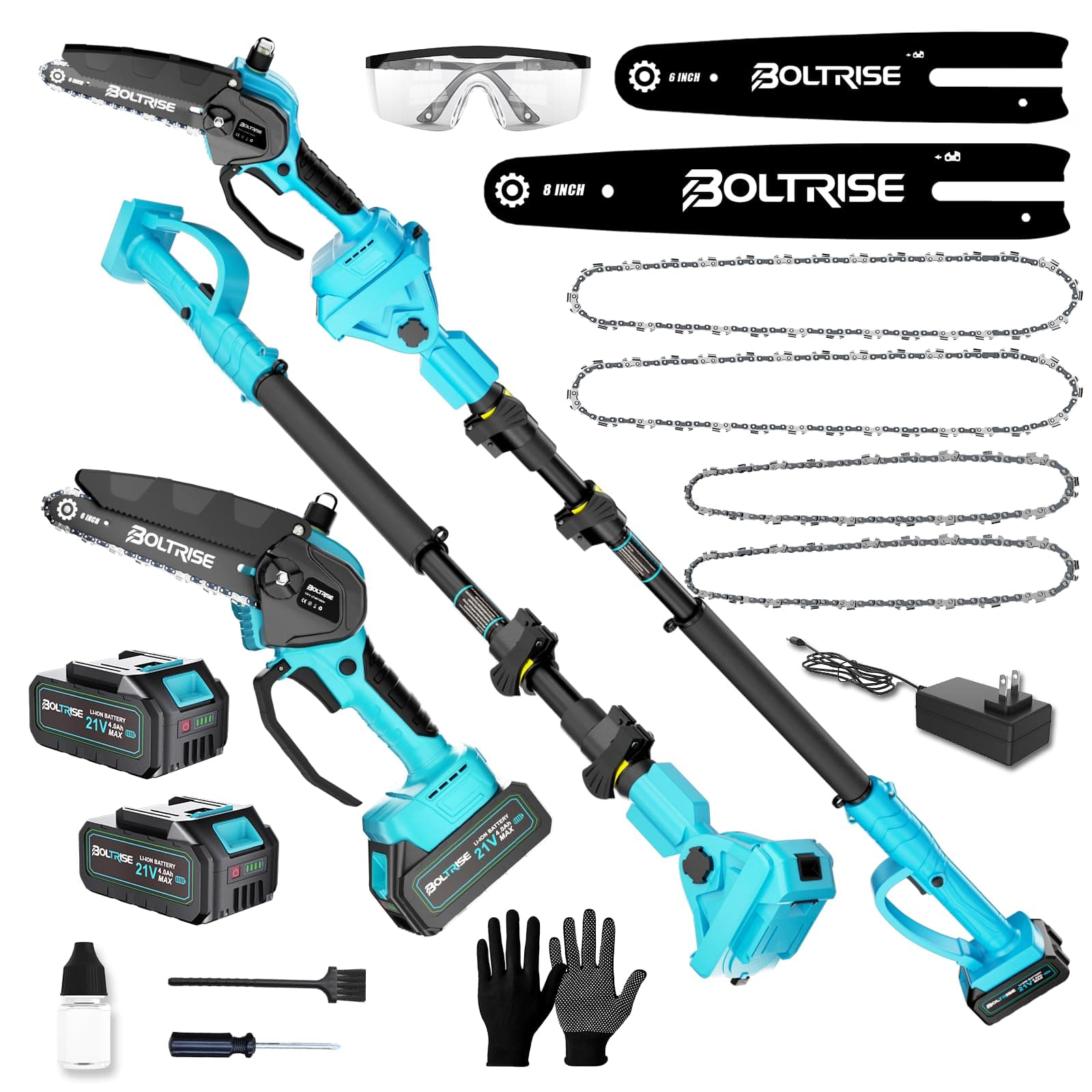3-in-1 Electric Pole Saws for Tree Trimming, 8 Inch & 6 Inch Mini Chainsaw Cordless with 2x4.0Ah Battery, Battery Powered Pole Chain Saw, 16 Ft Reach, Telescopic Chainsaw Tree Trimmer Branch Cutter