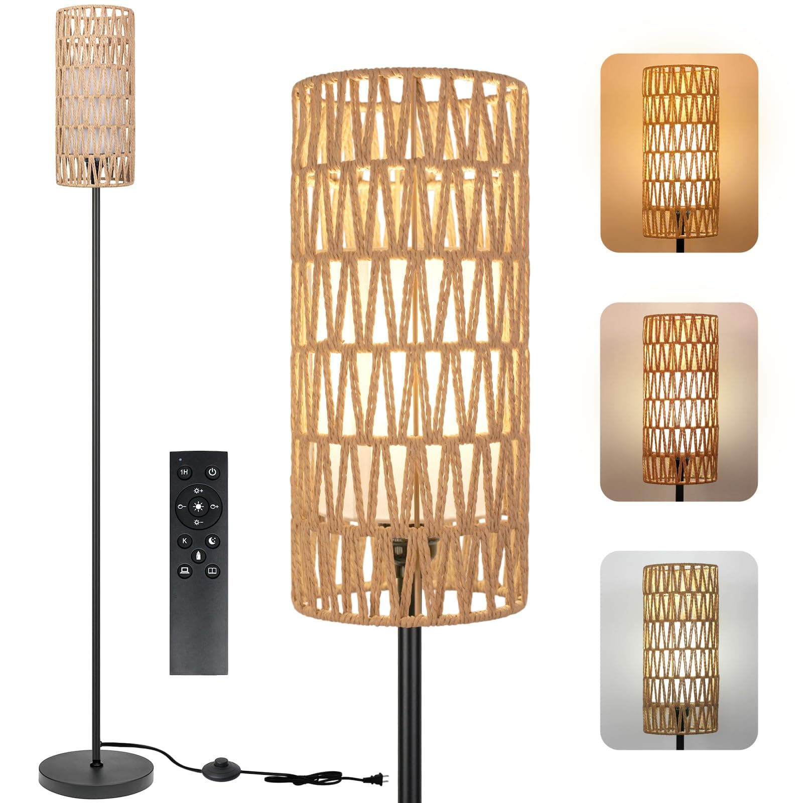 Floor Lamp for Living Room,Farmhouse Rattan Floor lamp,Modern Standing lamp with Dimmer LED Bulb,Black Tall Lamp with Remote Control