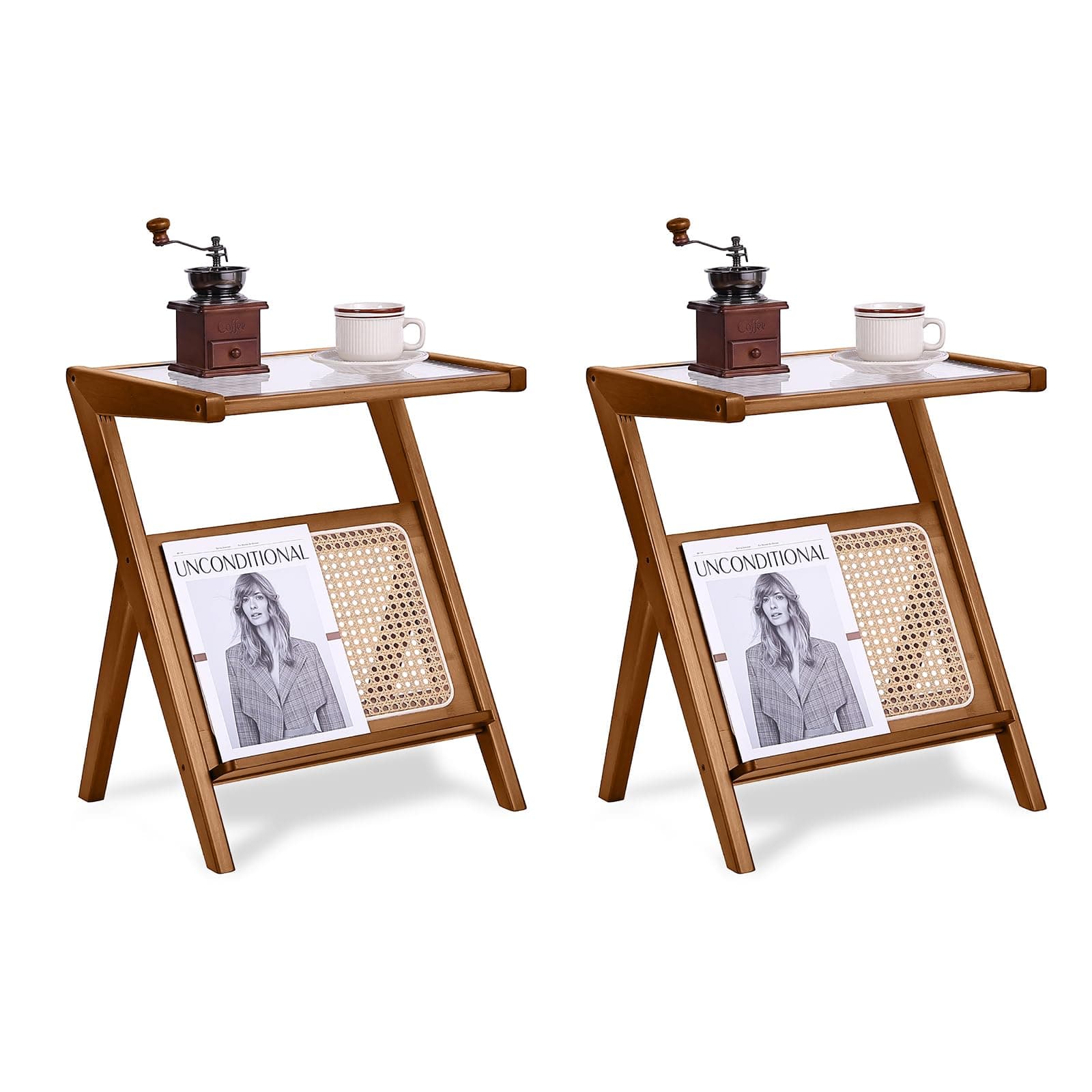 Tiita 2 Pack Small Brown Rattan Nightstands, Bamboo Glass Top Side Tables