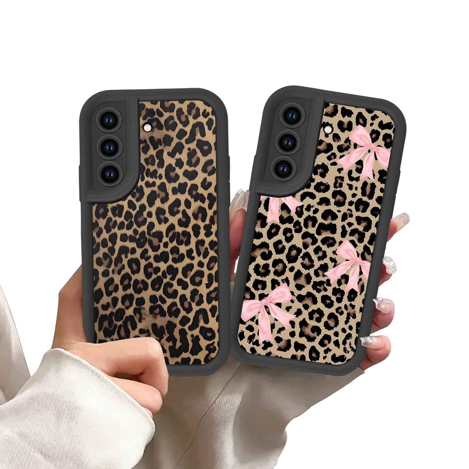 Zrutru 2 Pack Black Cheetah Print Phone Cases for Samsung Galaxy S22 5G Pink Bow Leopard Case,TPU Bumper Shockproof Funda for Women Girls Drop Protection Case for Samsung S22 6.1 Inch