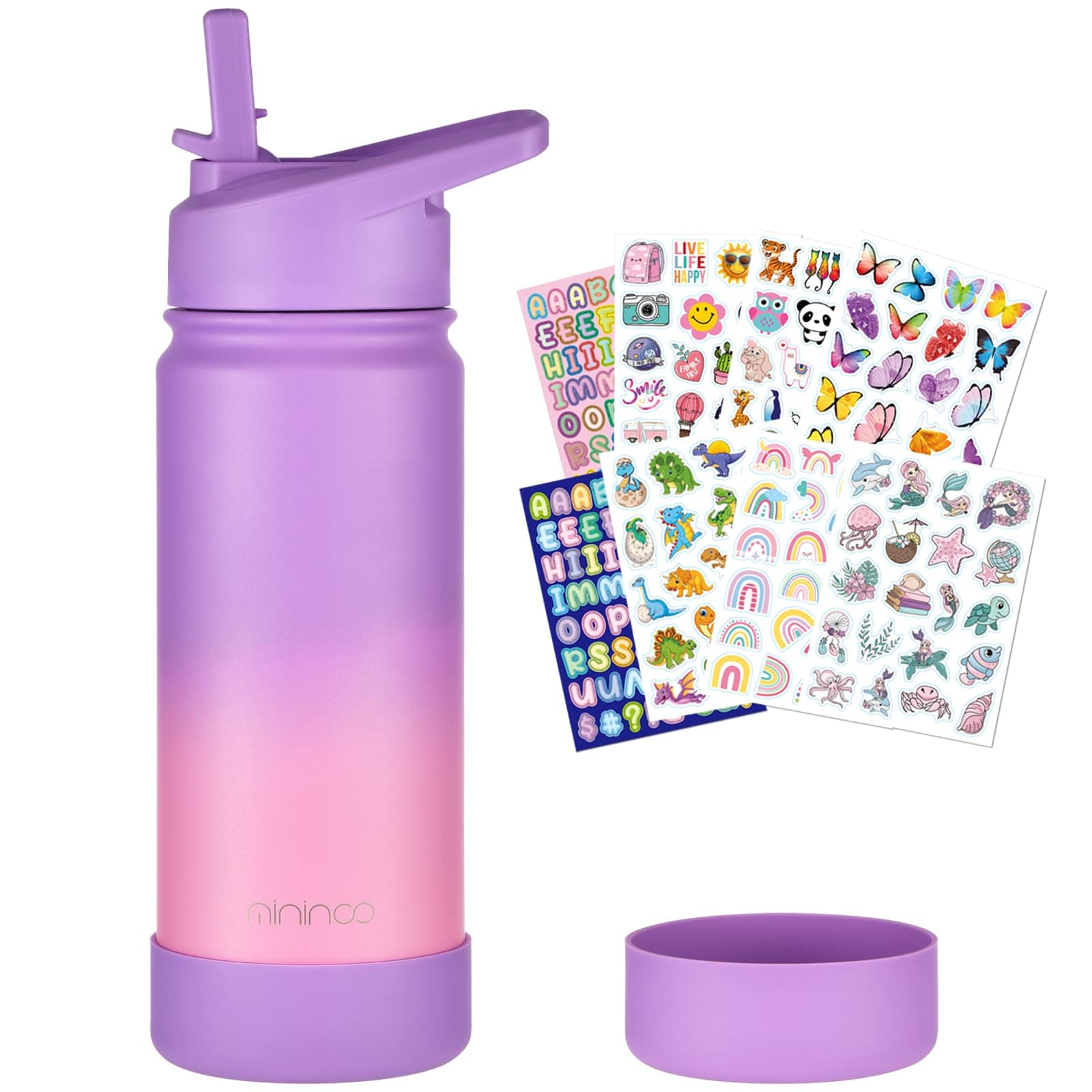 mininoo Girls Kids Water Bottle for School, 16oz Stainless Steel Insulated Water Bottle with Straw Lid (Purple/Pink)