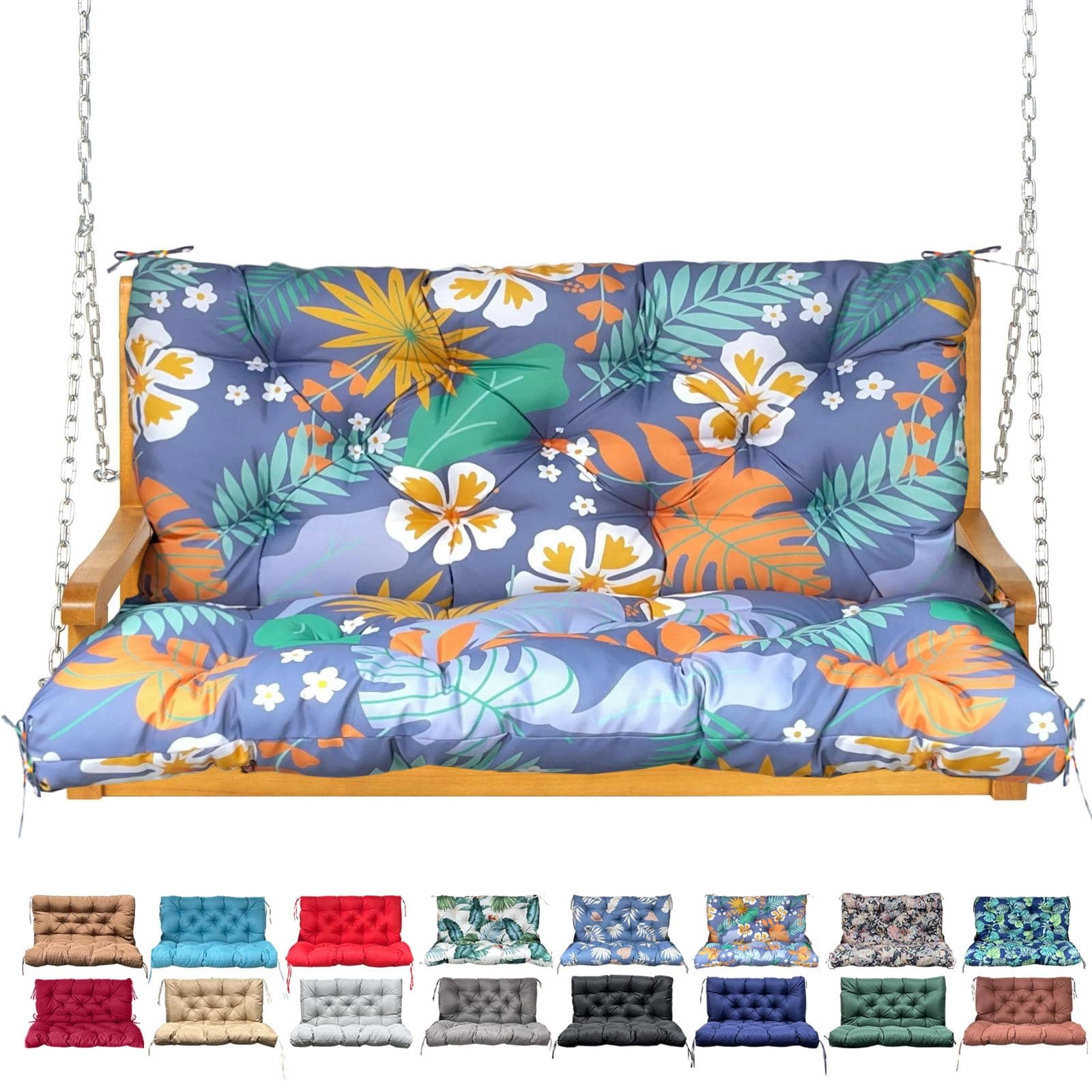 NANGELRN Porch Swing Cushion with Backrest,Waterproof Bench Cushion for Outdoor Furniture,2-3 Seater Replacement Thickened Swing Cushion with Ties,Patio,Outdoor,Backyard and Garden (Flower,60x40)