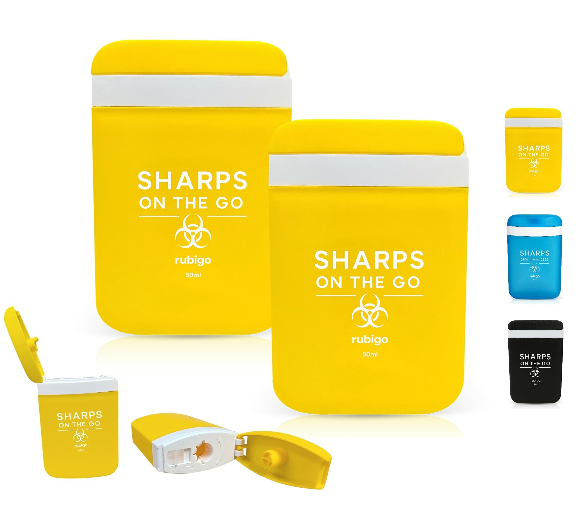 2pk Travel Sharps Bin 50ml – Small Mini Sharps Box for Needles, Lancets & Insulin Pen Tips – Compact Portable Needle Disposal Container with Secure Leakproof Lid (Yellow)