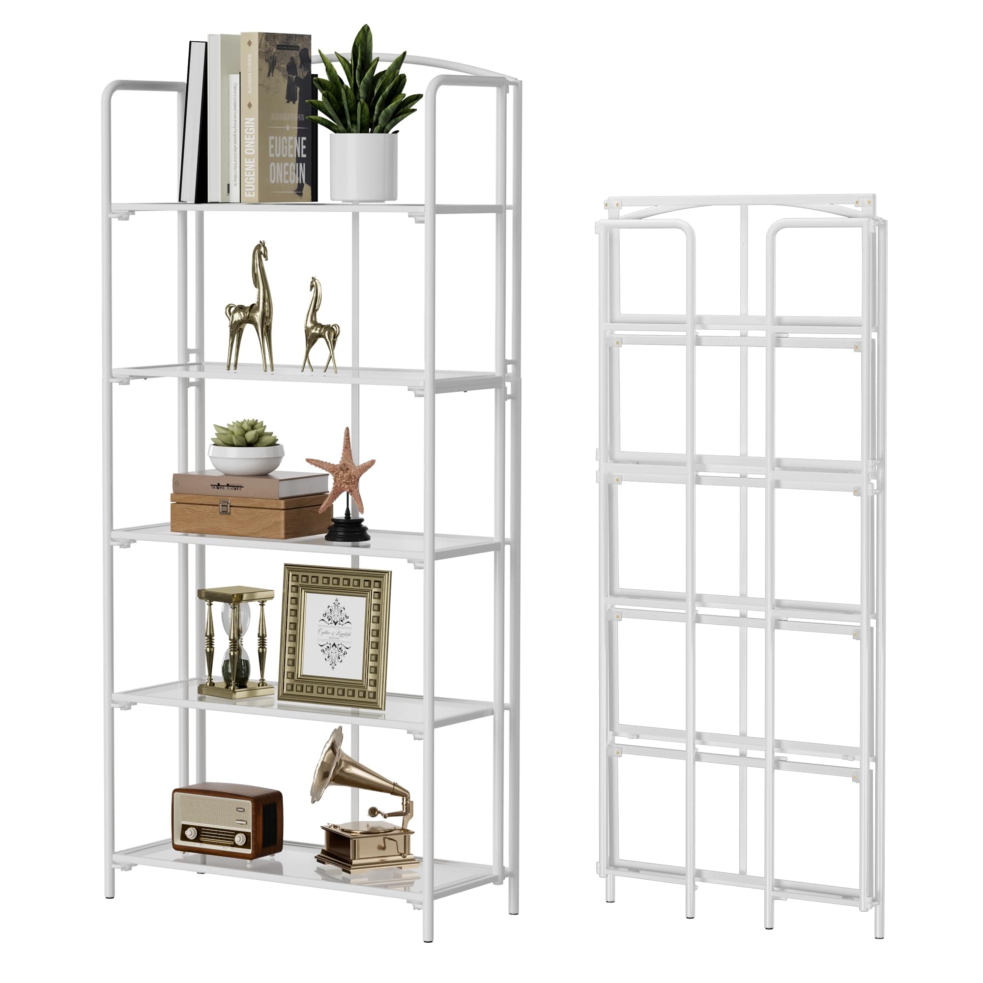 Crofy 5-Tier Wider Foldable Bookshelf, White Frame & Transparent Shelves
