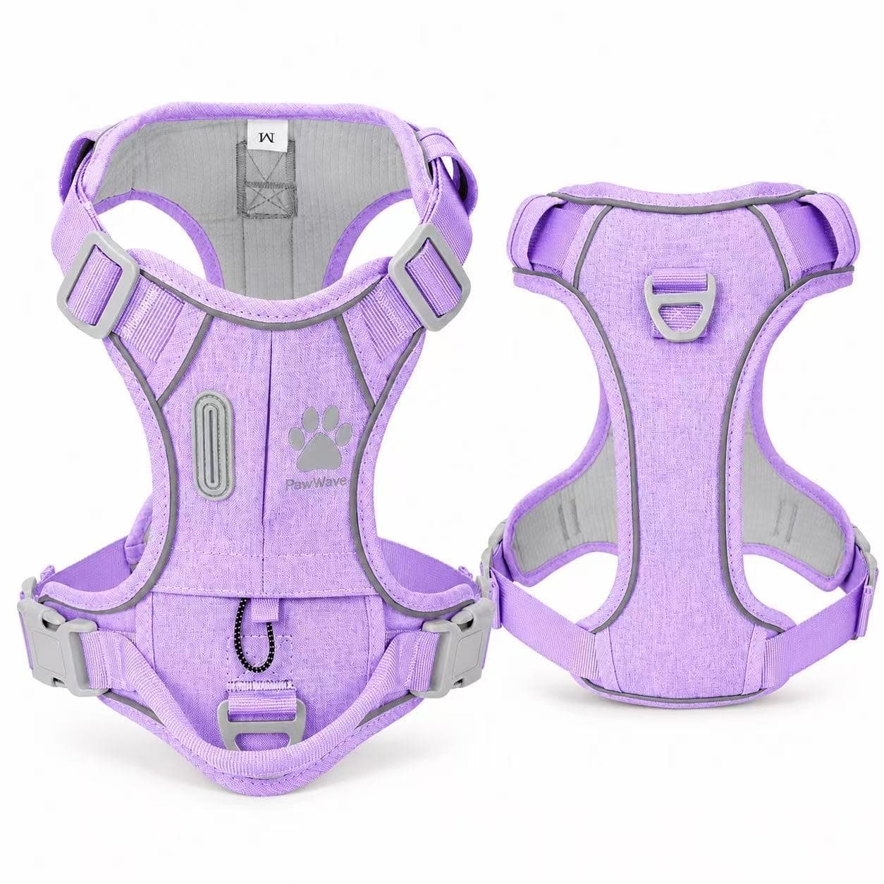 PawWave No-Pull Dog Harness with AirTag Holder, Reflective, Adjustable Soft Vest, Quick-Release Buckles, Front & Back Leash Clip, Comfortable Padded Harness for Walking & Training (Purple, M)