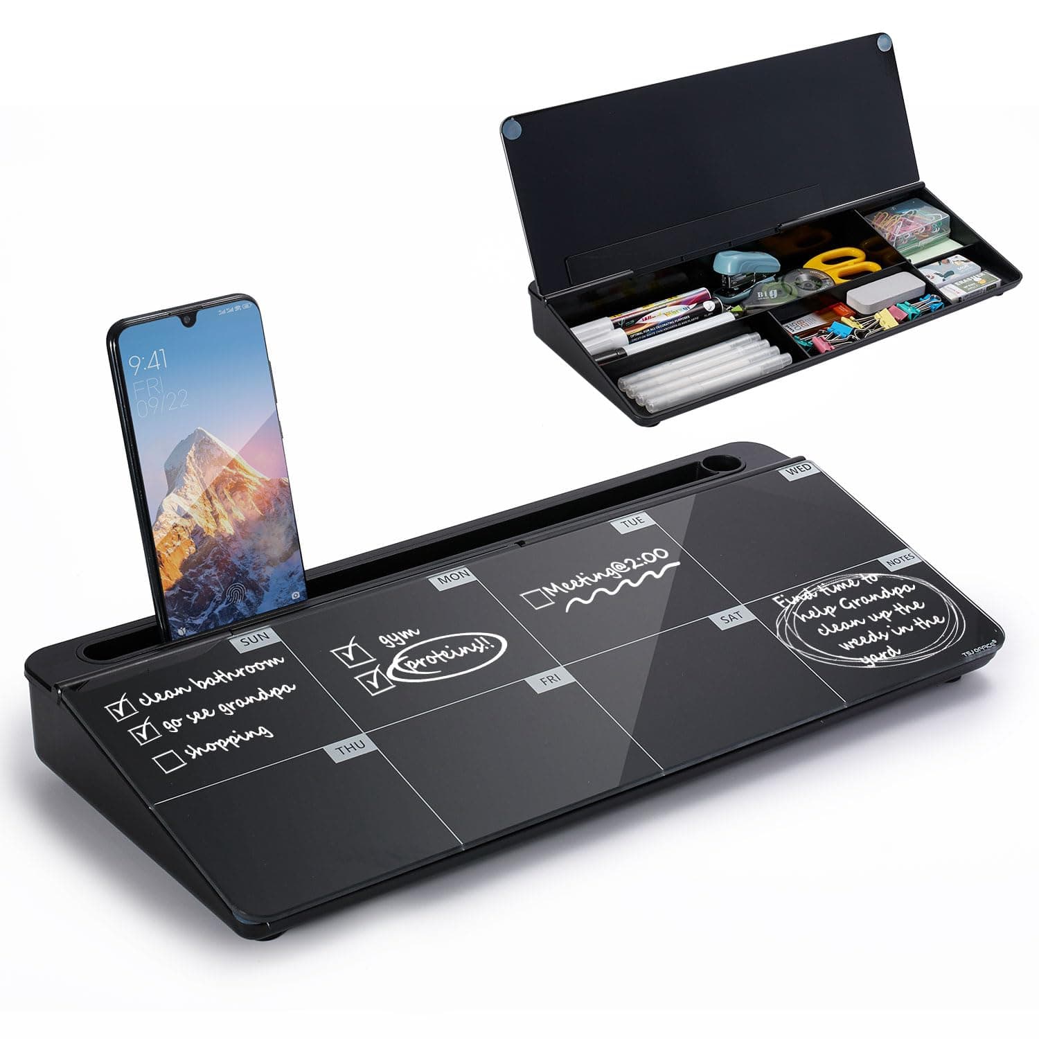 TSJ OFFICE Small Desktop Whiteboard -Glass Dry Erase Board Computer Keyboard Stand White Board Surface Pad with Drawer, Desk Organizers with Accessories - Black Base/Glass-Weekly Calendar