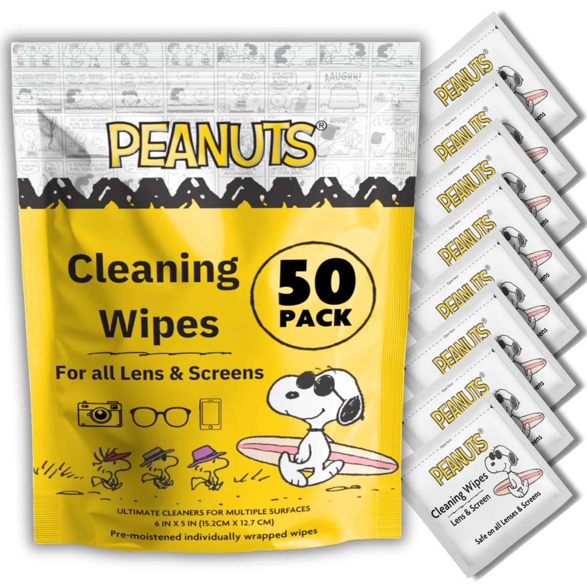 Peanuts Lens Wipes for Eyeglasses (50 Count) Disposable Eye Glasses Cleaner Wipes - Pre-Moistened Cleaner for Phone Screen, Camera & More - Scratch-Free & Streak-Free - 6 x 5 Individually Wrapped
