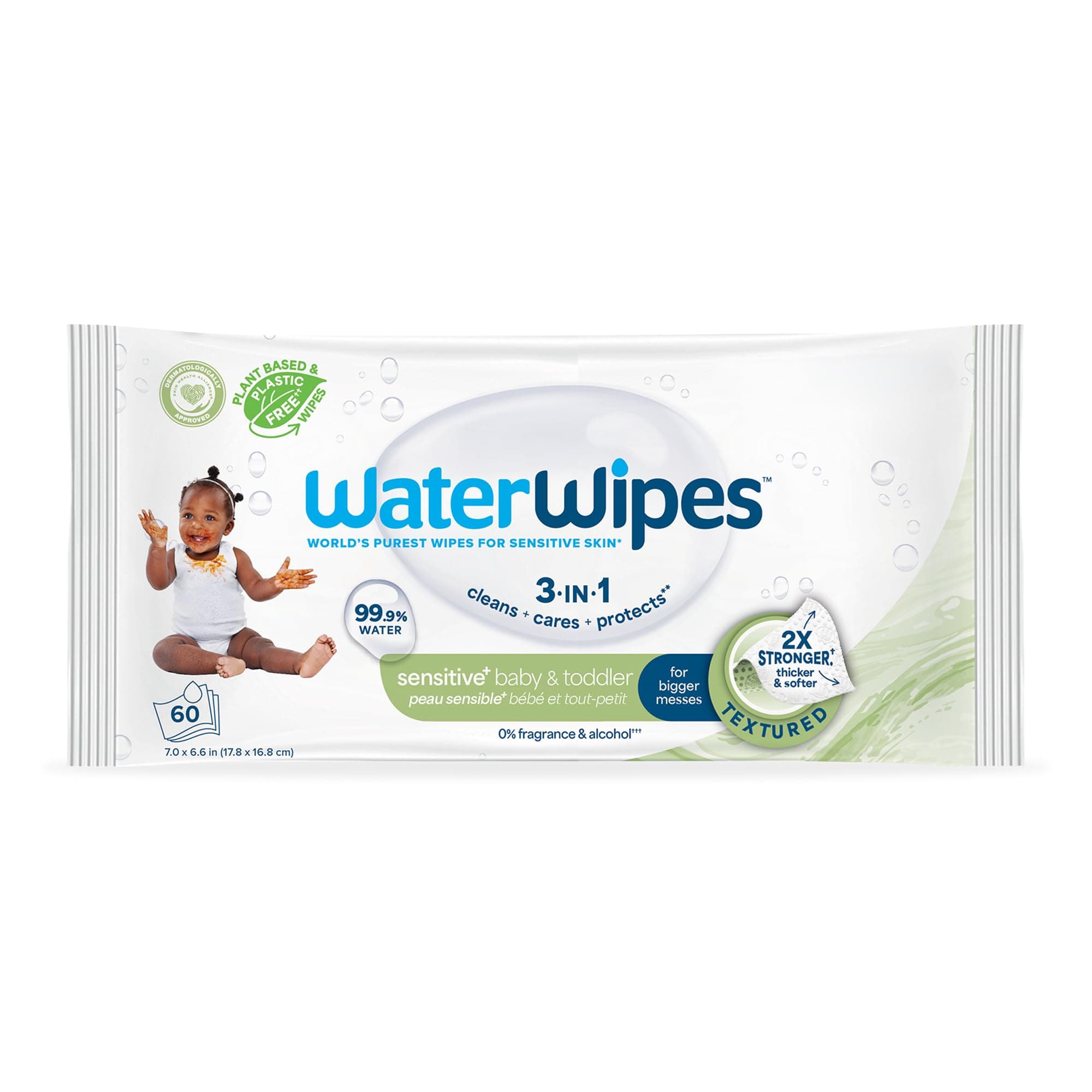 WaterWipes Sensitive+ Baby & Toddler Wipes, 3-In-1 Cleans, Cares, Protects, 99.9% Water, Textured Clean, Unscented & Hypoallergenic, 60 Count (1 Pack)