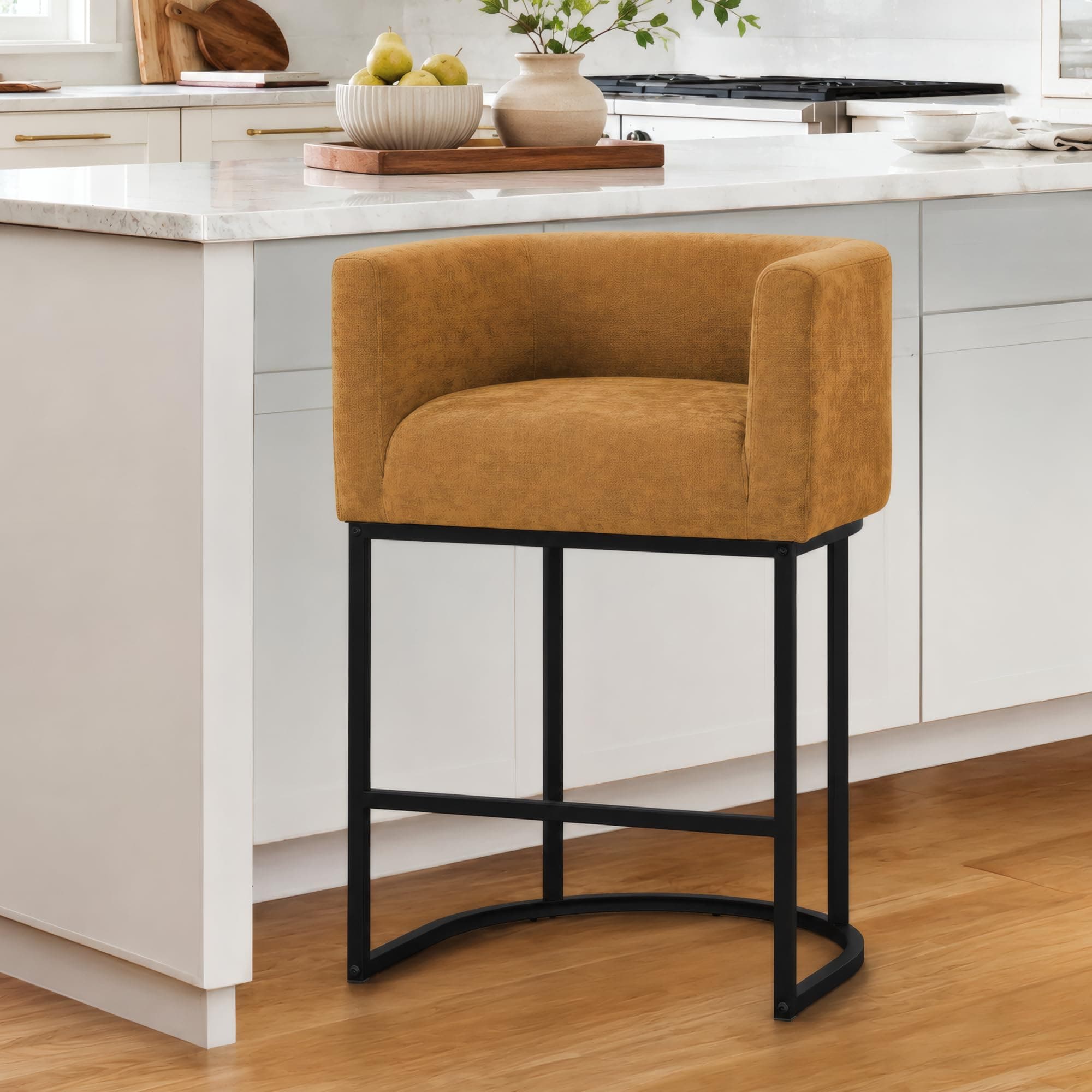 ClinQ 26" H Counter Height Bar Stools Set of 1, Modern Barrel Counter Stools with Backrest and Arms, Black Metal Frames, Chenille Fabric Upholstered Accent Barstools for Kitchen Island, Yellow