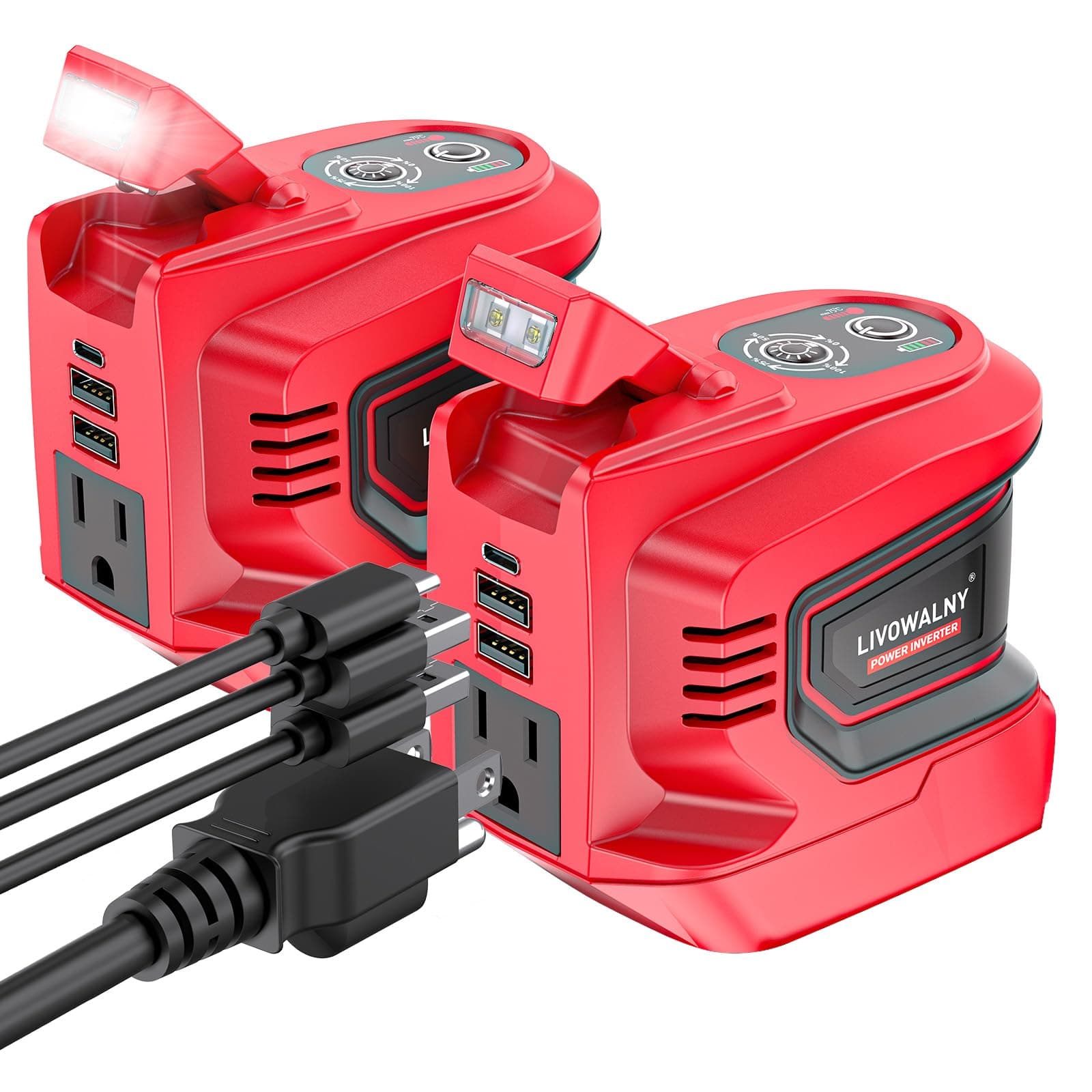2PCS Real 200W Power Inverter Compatible with Milwaukee, LIVOWALNY DC 18V to AC 110-120V Battery Inverter, Battery Adapter Phone Charger Converter 2 USB & 1 Type-C & 1 AC for Camping (Tool Only)