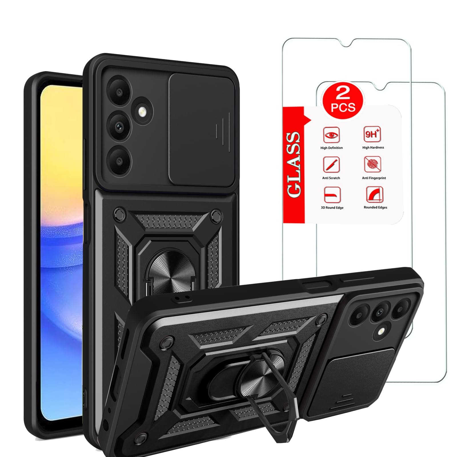 Anvzle for Bark Phone (2024) - A15- Case with [2 Pack] Tempered Glass Screen Protector, [Military-Grade] Protective，with Magnetic Kickstand Car Mount Holder Case Black