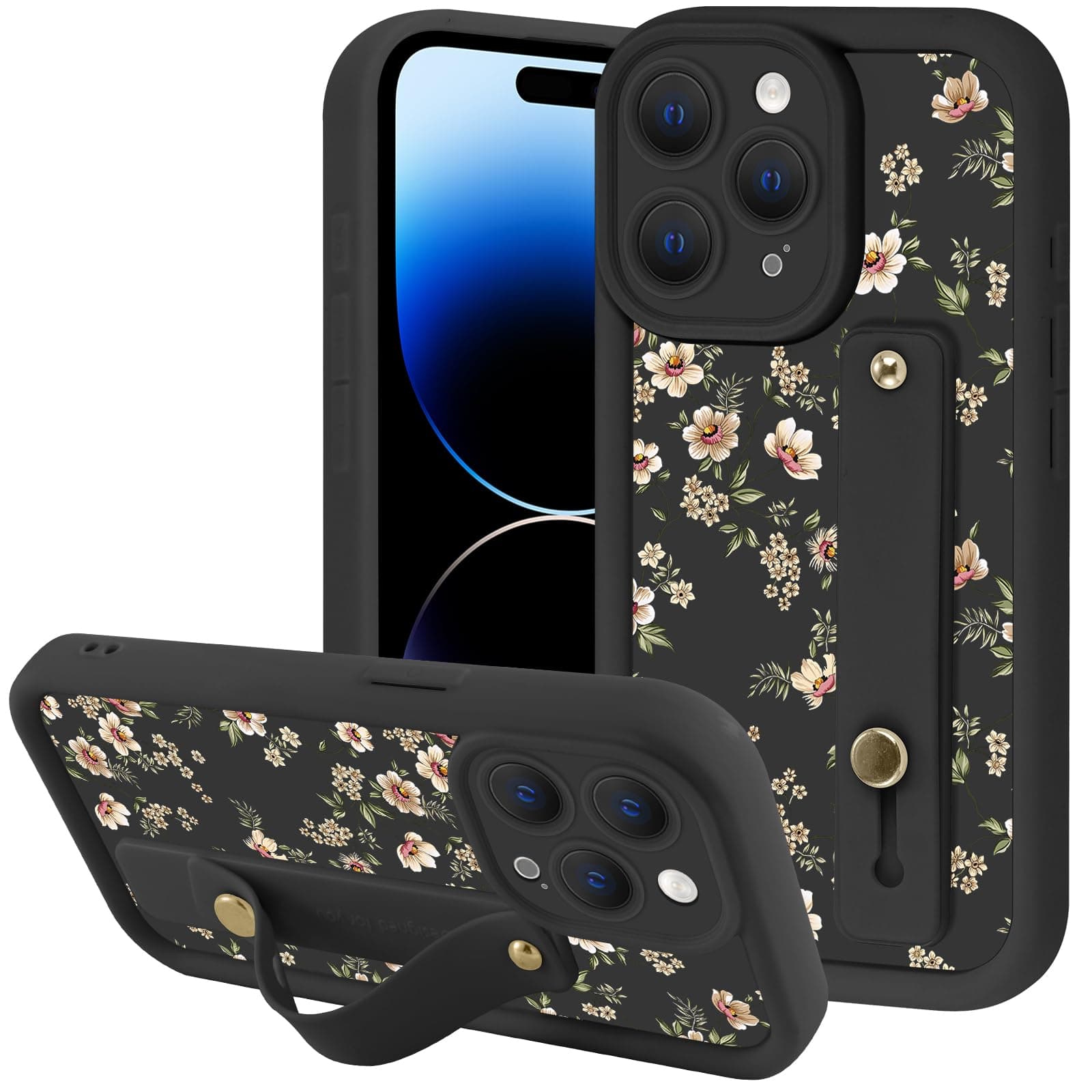 Zrutru Aesthetic Flower Floral Phone Case for iPhone 14 Pro Max with Flexible Adjustable Finger Hand Wrist Strap Holder Kickstand Silicone Shockproof Protection Funda for iPhone 14 Pro Max 6.7 Inch