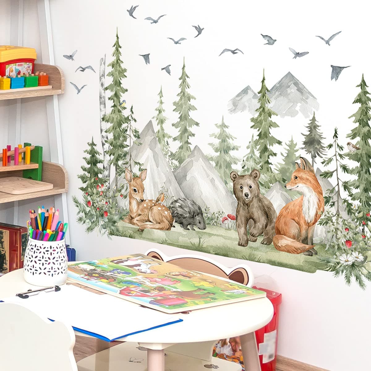LOONELO Jungle Animals Wall Decals – 3D Green Forest Tree Bear Fox Deer Hedgehog Vinyl Stickers – Peel & Stick Woodland Wall Art for Kids Nursery, Bedroom, Living Room, TV Sofa Background Décor