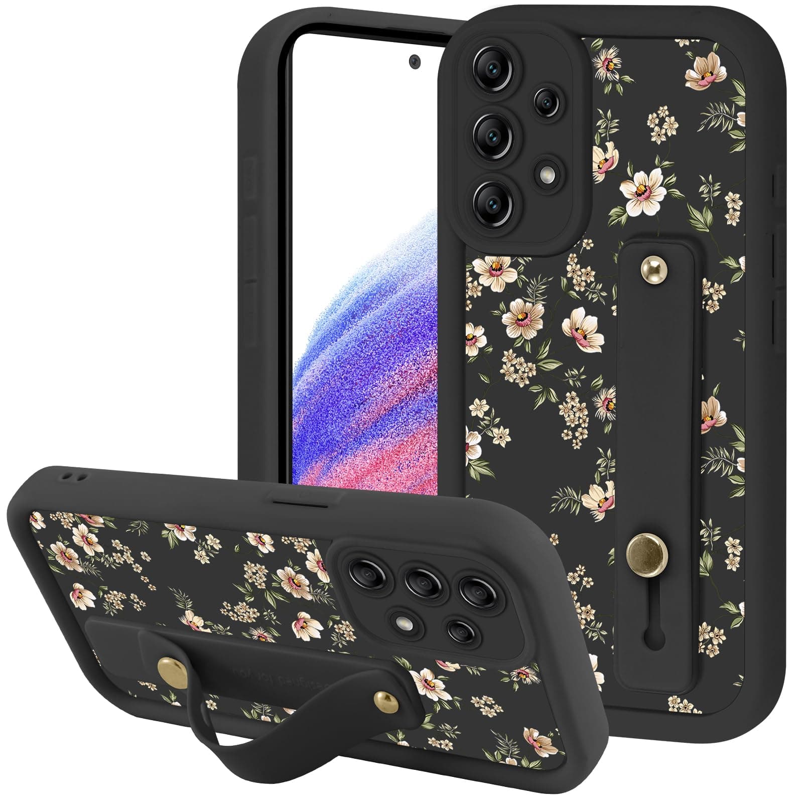 Zrutru Aesthetic Flower Floral Phone Case for Samsung Galaxy A53 5G with Flexible Adjustable Soft Finger Hand Wrist Strap Holder Kickstand Silicone Shockproof Protection Funda for Samsung A53 6.5 Inch