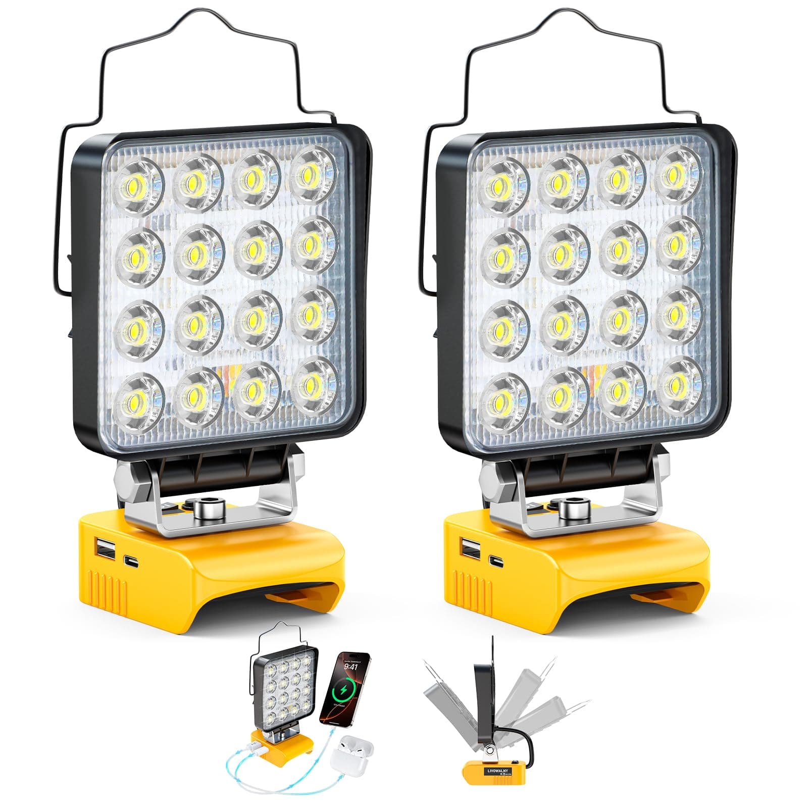 LIVOWALNY 2PCS LED Work Light Compatible with Dewalt 20V Max Battery, 112W 11200LM Battery Light with dewalt 20V Cordless Tools, Portable Flood Flashlight with USB A & USB C Output Port