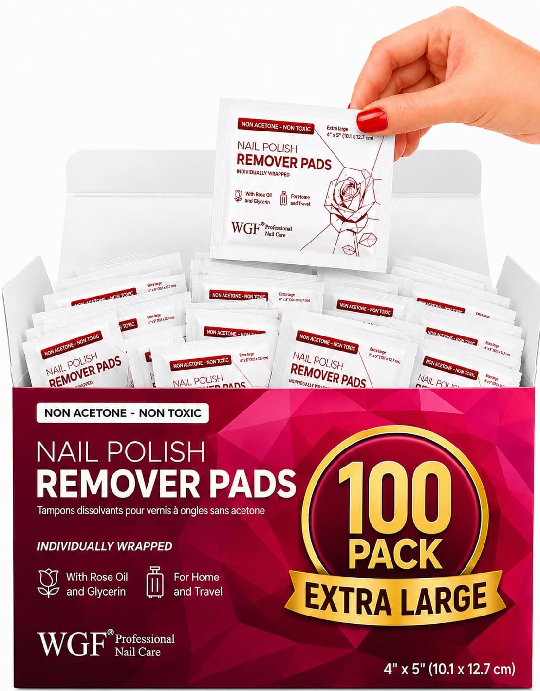 Nail Polish Remover Pads - 100 Pack - Non-Acetone - Individually Wrapped Wipes - Gentle Formula - Fingernail Polish Remover - Bulk Value Set for Home, Salon & Travel