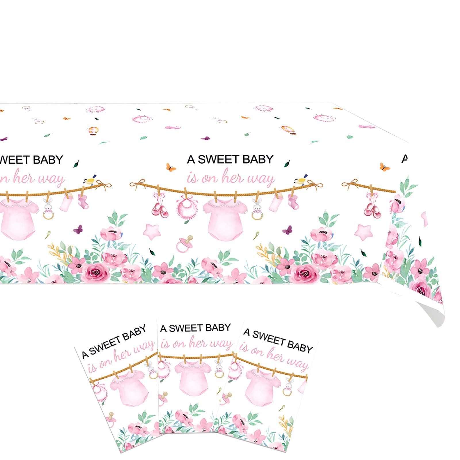 3Pcs Blue Baby Girl Baby Shower Decorations Tablecloth, Greenery A Sweet Girl is On Her Way Party Supplies Table Cover, Baby Girl Party Table Cloth