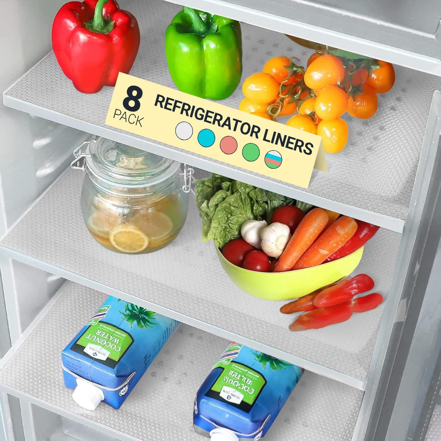Refrigerator Liners (8 Pack) by Linda's Essentials | Easy to Clean Fridge Liner with Spill Protection, Versatile Refrigerator Shelf Liners and Drawer Liner | Non Slip BPA-Free Refrigerator Mats