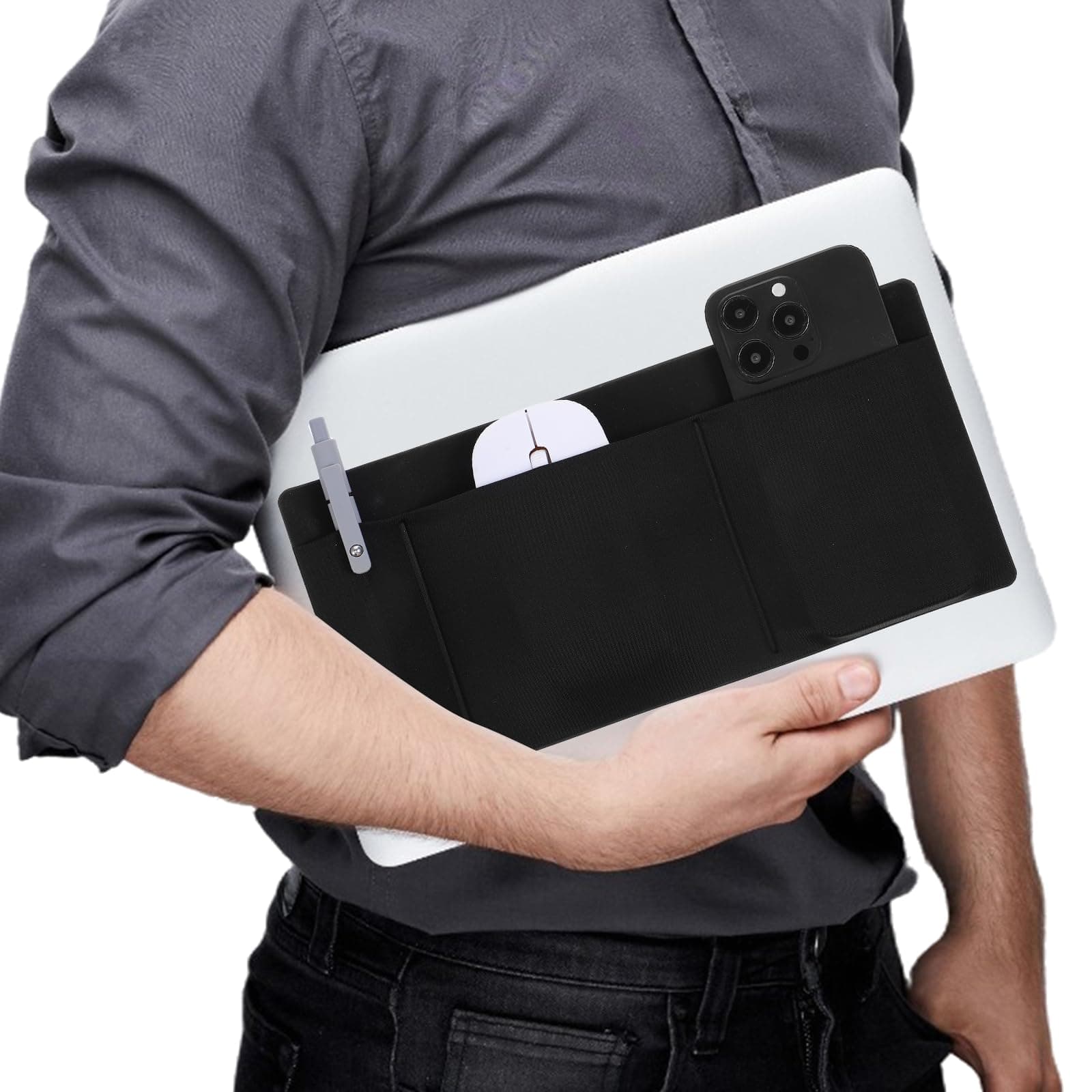 3-Pocket Organizer Mouse Holder for Laptop External Hard Drive SSD Holder Sleeve Computer Accessories Stick on Pouch Organizer Adhesive Pocket Storage Sleeve for Mouse HDD SSD Cables