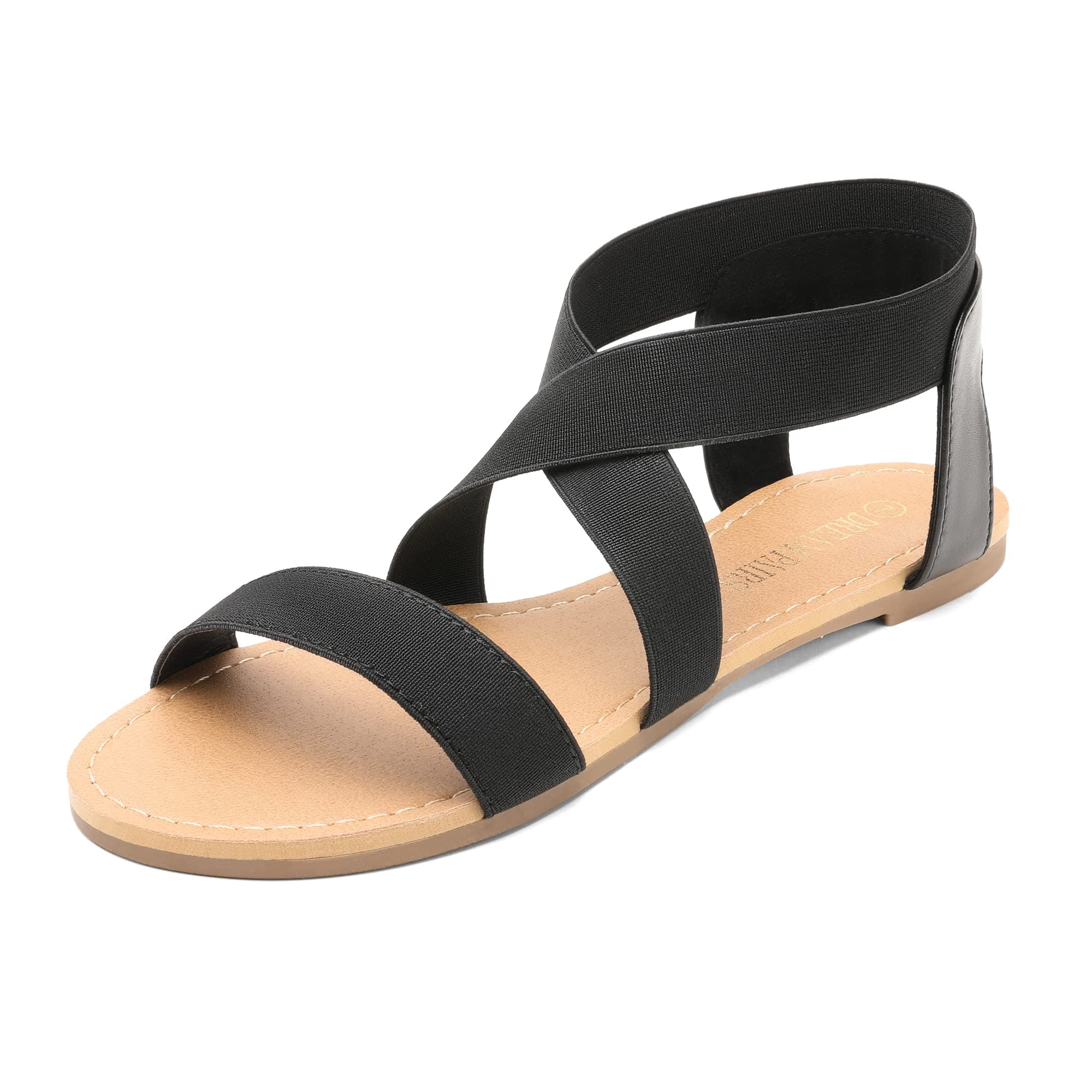 DREAM PAIRS Women's Elastic Ankle Strap Flat Sandals Summer Dressy Shoes Cute Strappy Gladiator Sandals ELATICA-6,Size 7,Black,ELATICA-6