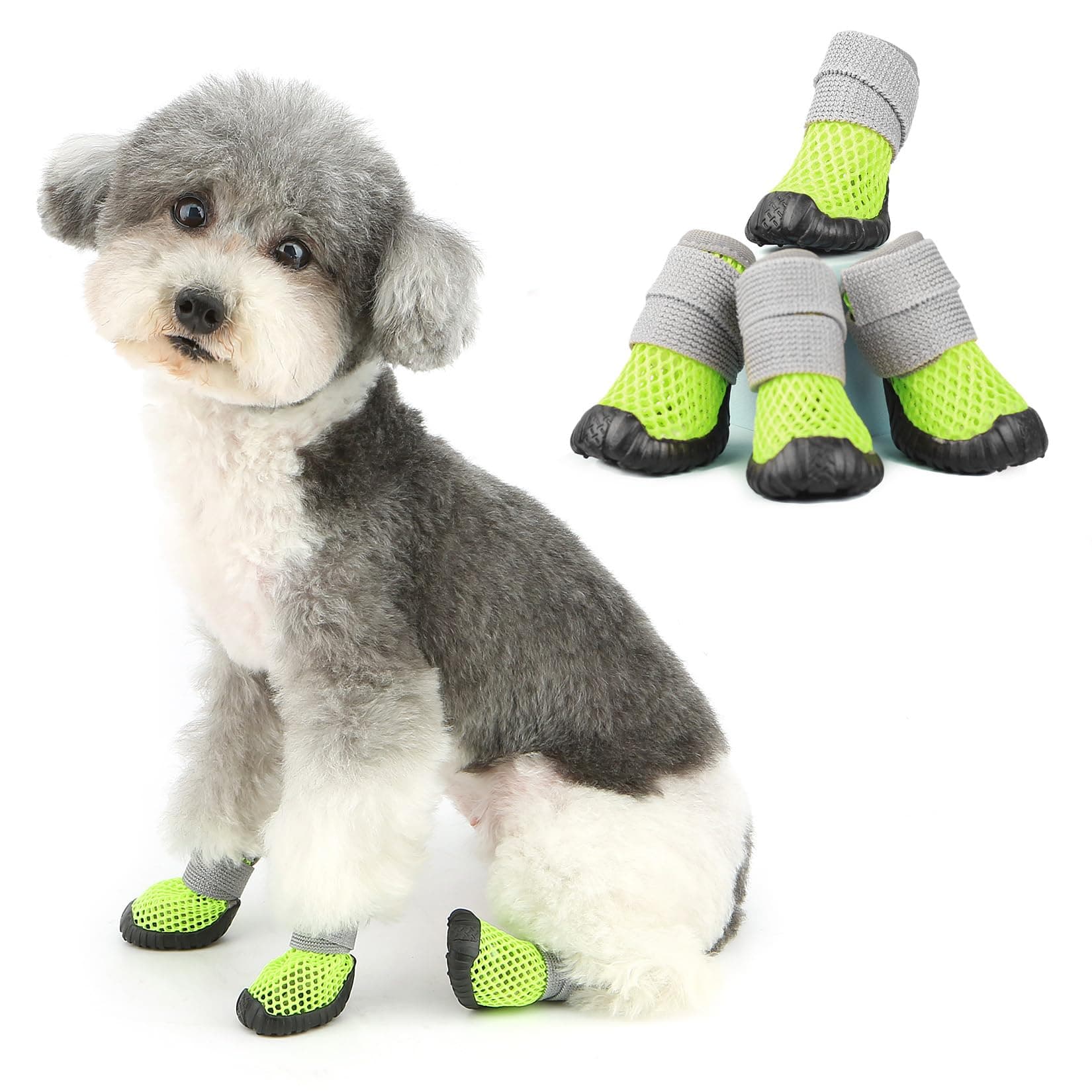 Ranphy Small Medium Dog Shoes for Hot Pavement Soft Mesh Summer Puppy Boots Anti-Slip Rubber Sole Adjustable Breathable Outdoor Walking Hiking Paw Protection 4 Pieces Set,Green,2#