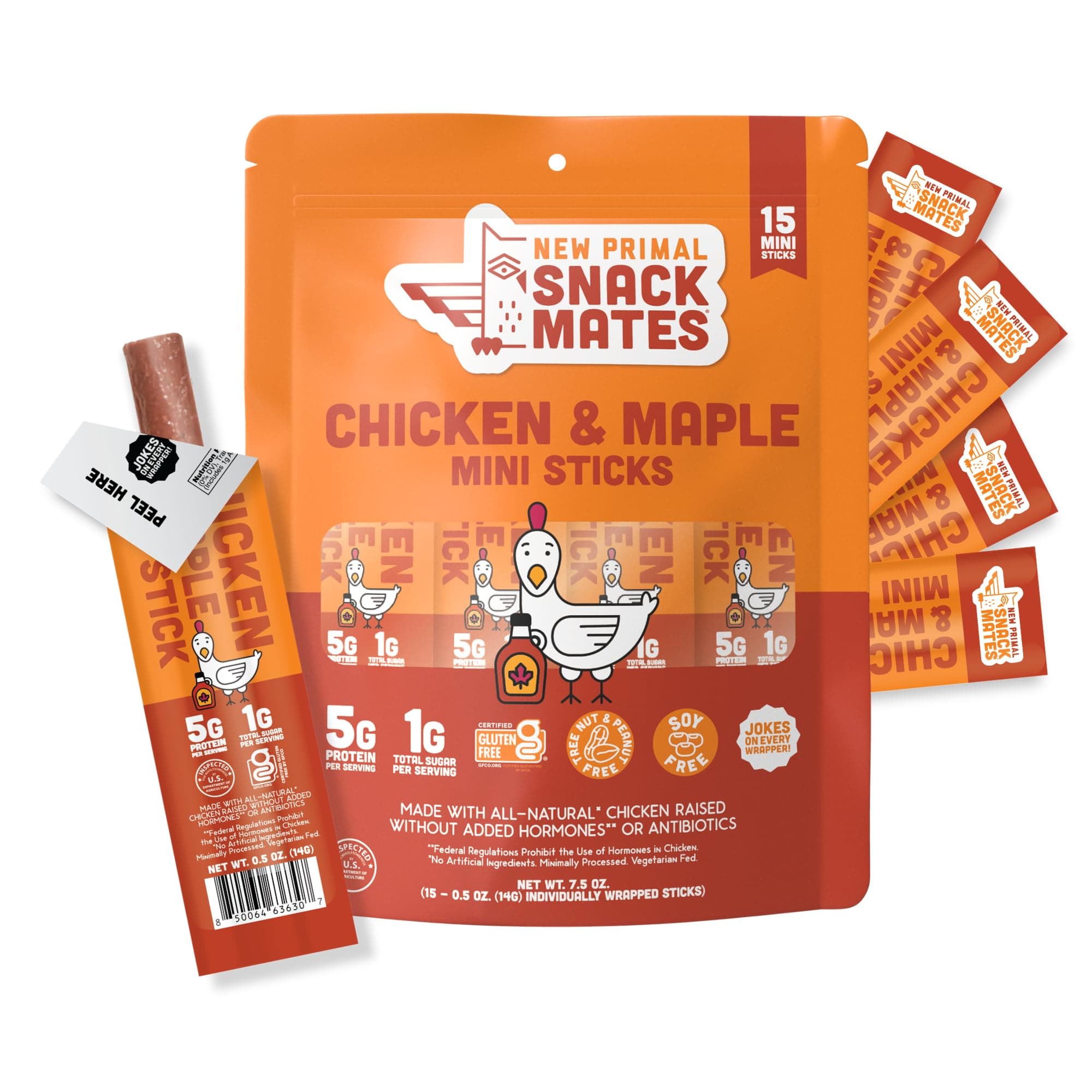 New Primal Snack Mates Chicken & Maple Mini Meat Sticks, 15 Count