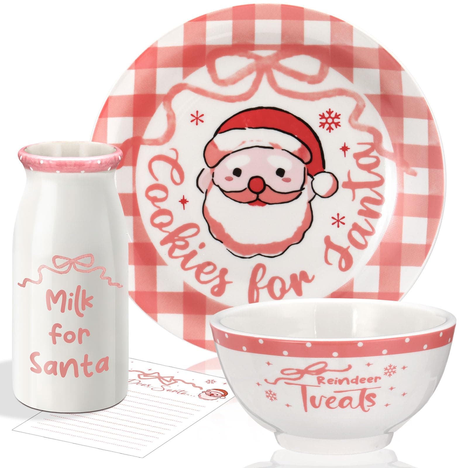 Nitial 4 Pcs Christmas Cookies Plate Milk Jar Bowl for Santa, Pink Plaid