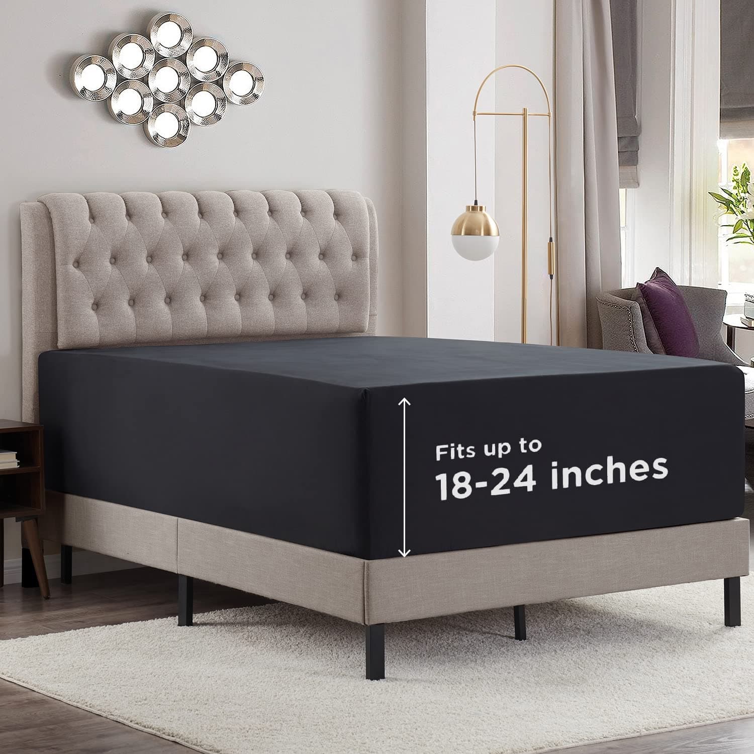 Empyrean Black Extra Deep Pocket Fitted Sheet Full Size, Hotel Luxury Deep Pocket Full Size Fitted Sheet Only Easily Fits 18 to 24 Inch Mattress, Soft, Wrinkle-Free, and Breathable with Corner Straps