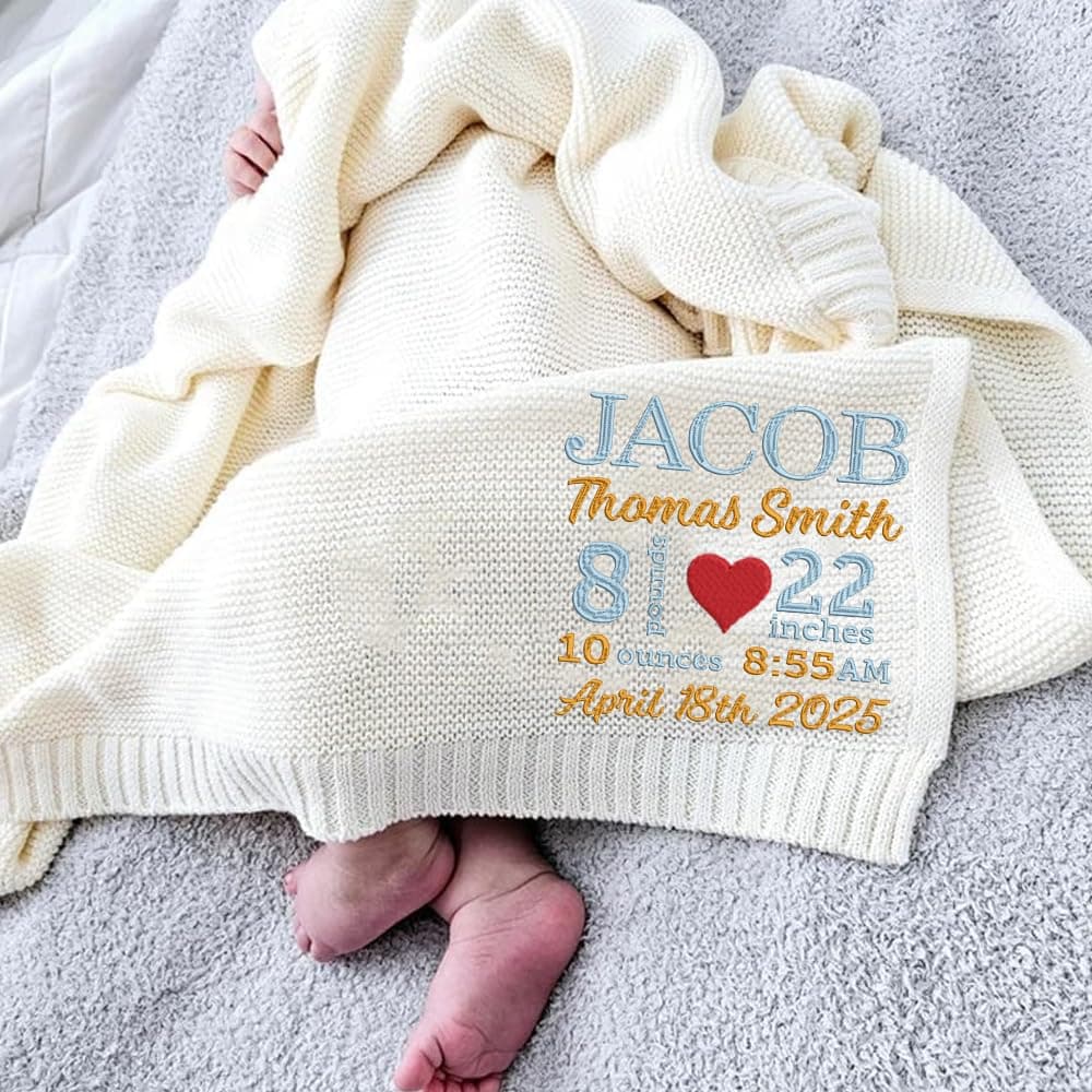 Grewear Luxury Personalized Baby Blanket with Birth Stats Embroidered, Custom Name, Date, Weight, Length, Soft Knit 100% Cotton Newborn Blanket for Boys and Girls, Unique