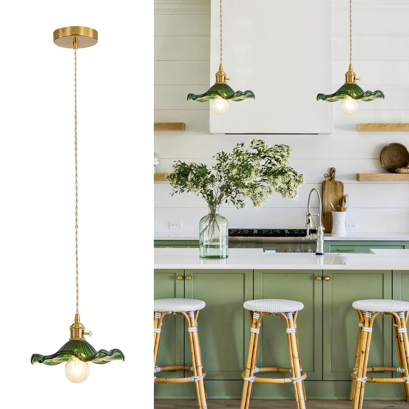GloMuse Pendant Light Fixture Glass Hanging Light Flower Light Fixture Pendant Lights Modern Lighting Bedroom Kitchen Island Hallway Bathroom Green Wave Style