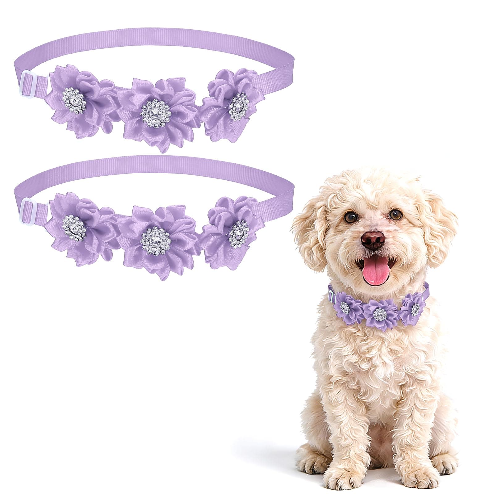 PETAXCELL Dog Bowtie Flower Collar, Adjustable Bow Ties for Dogs Flower with Diamond Bowtie Cat Grooming Accessories, (2 Pcs, Lavender), Intended for Puppies/Kitten/Wedding/Birthday/Party