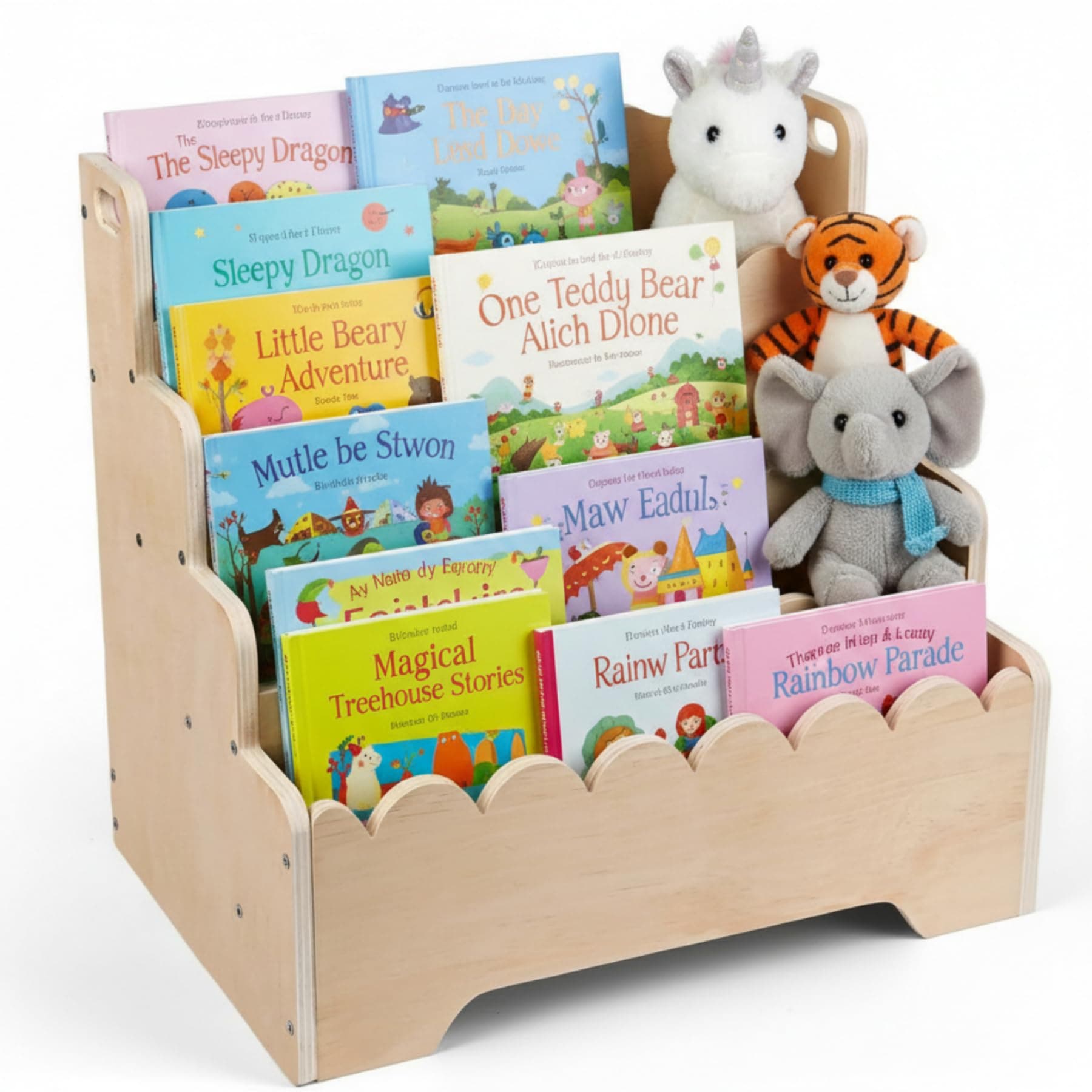 Montessori Kids Floor Bookshelf, 4-Tier Scalloped Toddler Wooden Bookcase