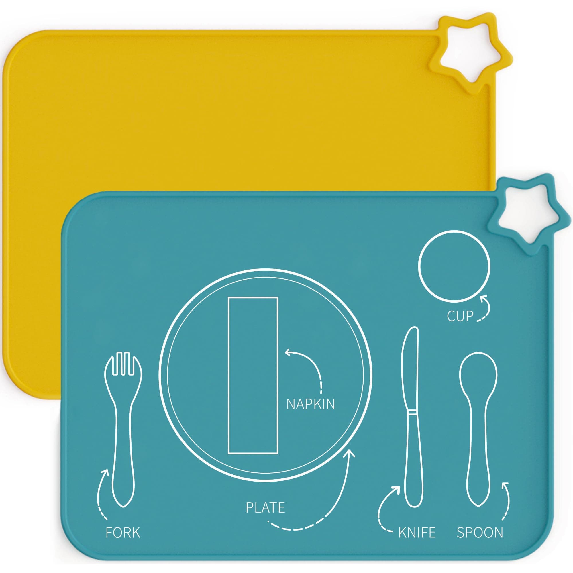 Moonkie Silicone Placemats for Baby & Kid, Stain Resistant Non-Slip Toddler Food Mats Eating Table Mat with 2 Packs(Teal/Mustard 2)