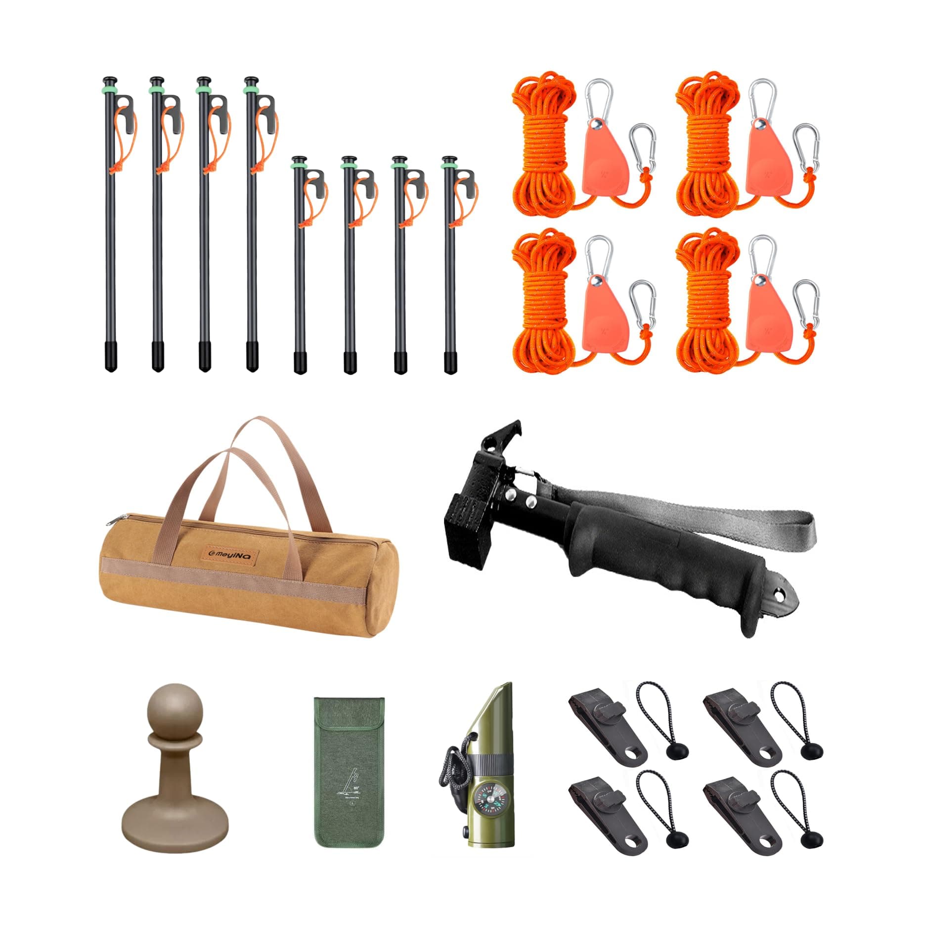 Outdoor Portable Camping Tent 8-in-1 Luxury Set, Windproof Rope, Tent Ground Nail, Camping Hammer, Emergency Whistle, Lightning hat, Tent Clip, Ground Nail Bag, Set Bag - Orange, Green (Orange)